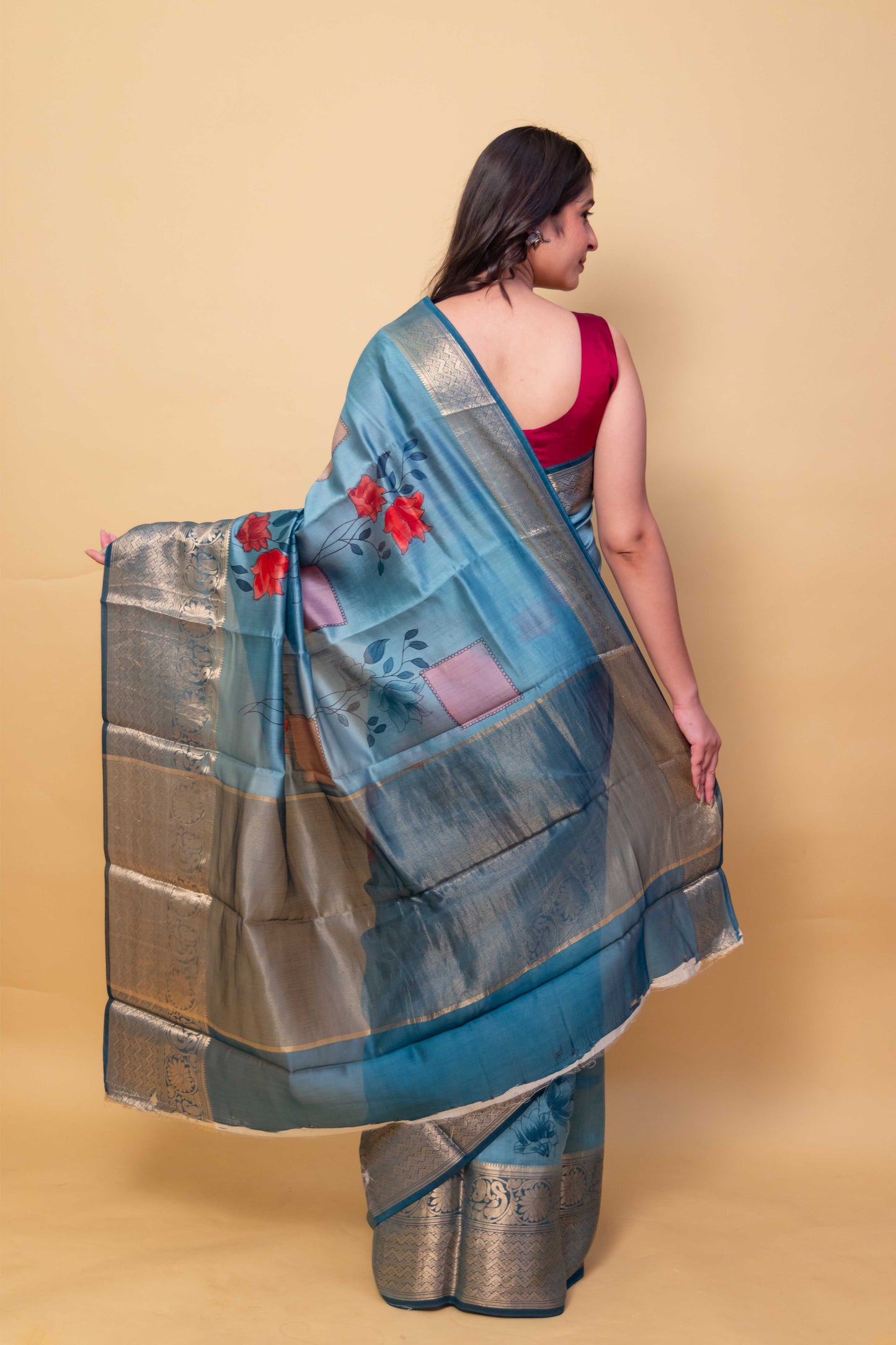 Turquoise Blue Floral Handprint Chiniya Silk Saree