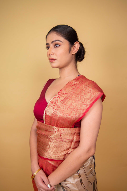 Beige and Red Abstract Print Chiniya Silk Saree