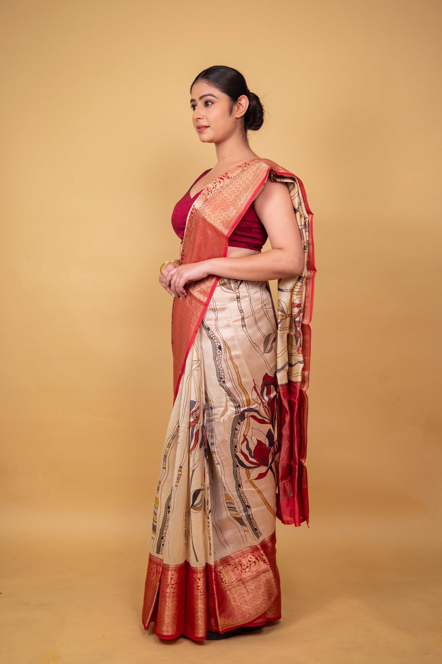 Beige and Red Abstract Print Chiniya Silk Saree