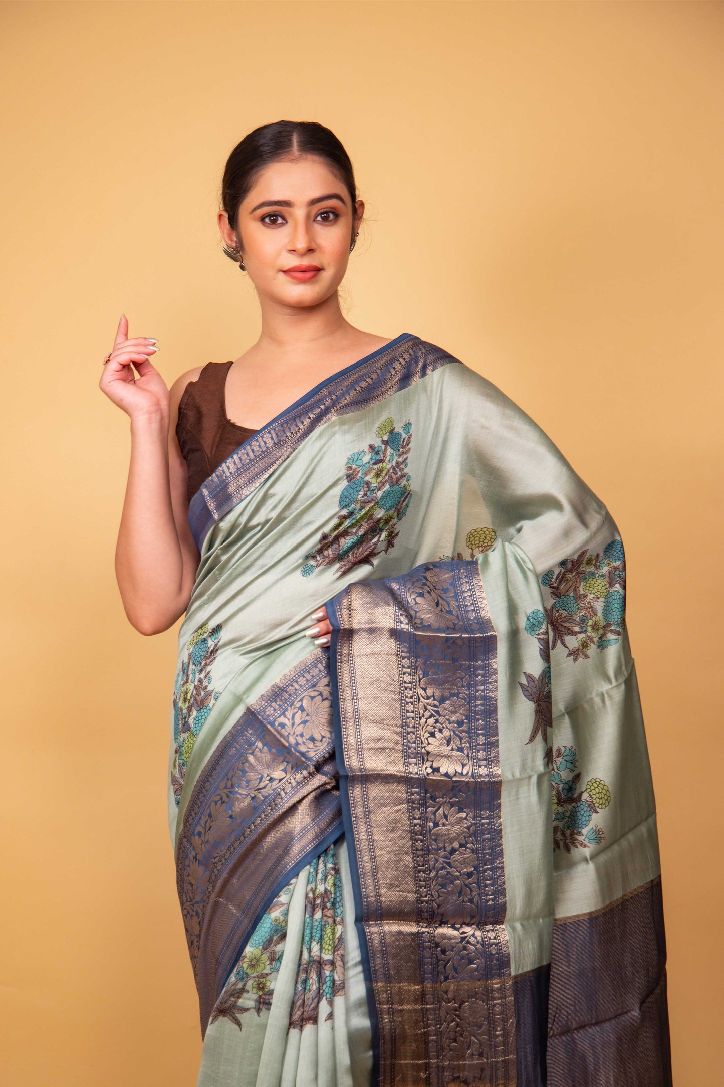Sea Green Floral Handprint Chiniya Silk Saree