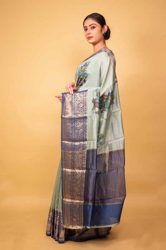 Sea Green Floral Handprint Chiniya Silk Saree