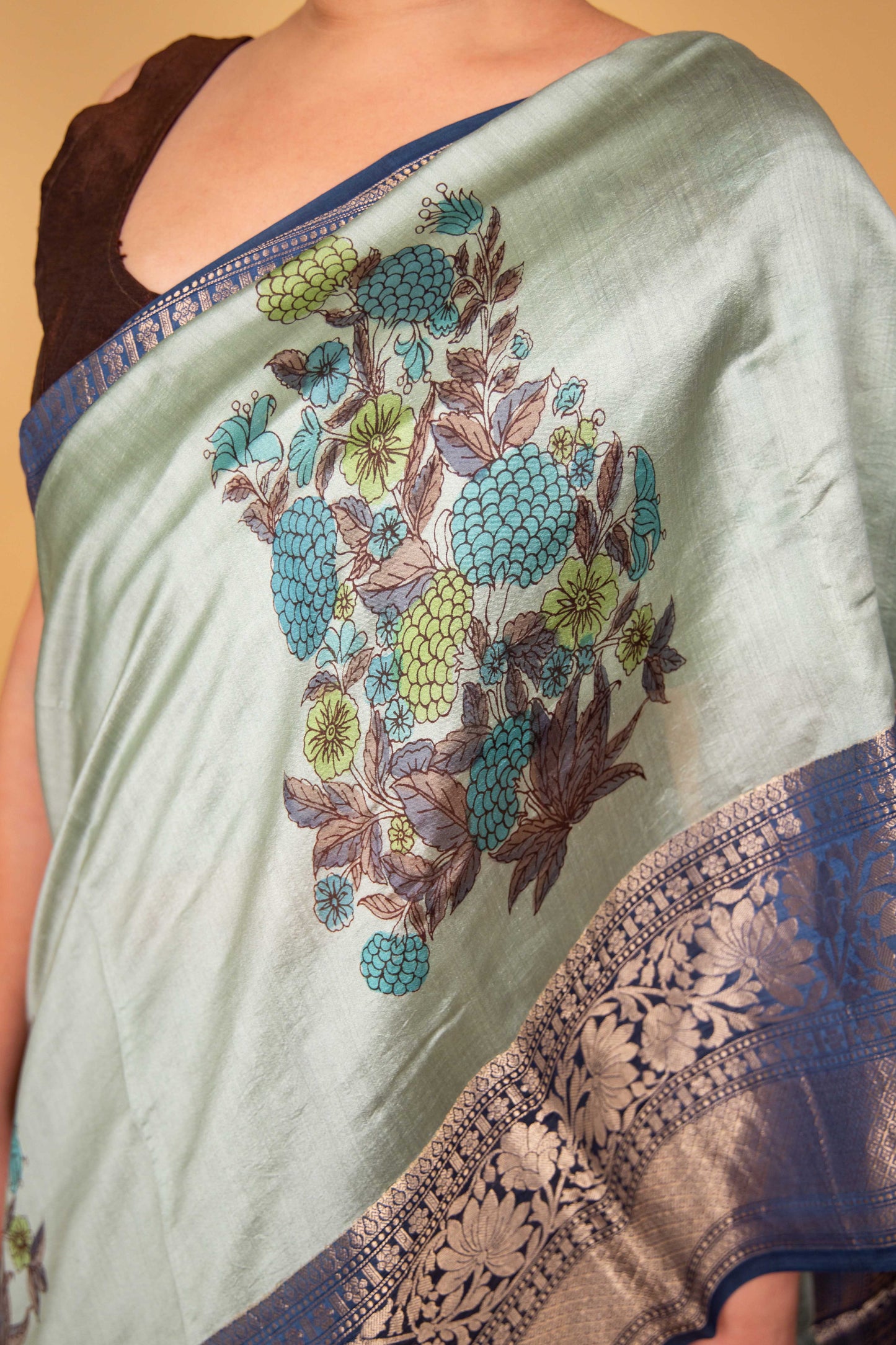 Sea Green Floral Handprint Chiniya Silk Saree