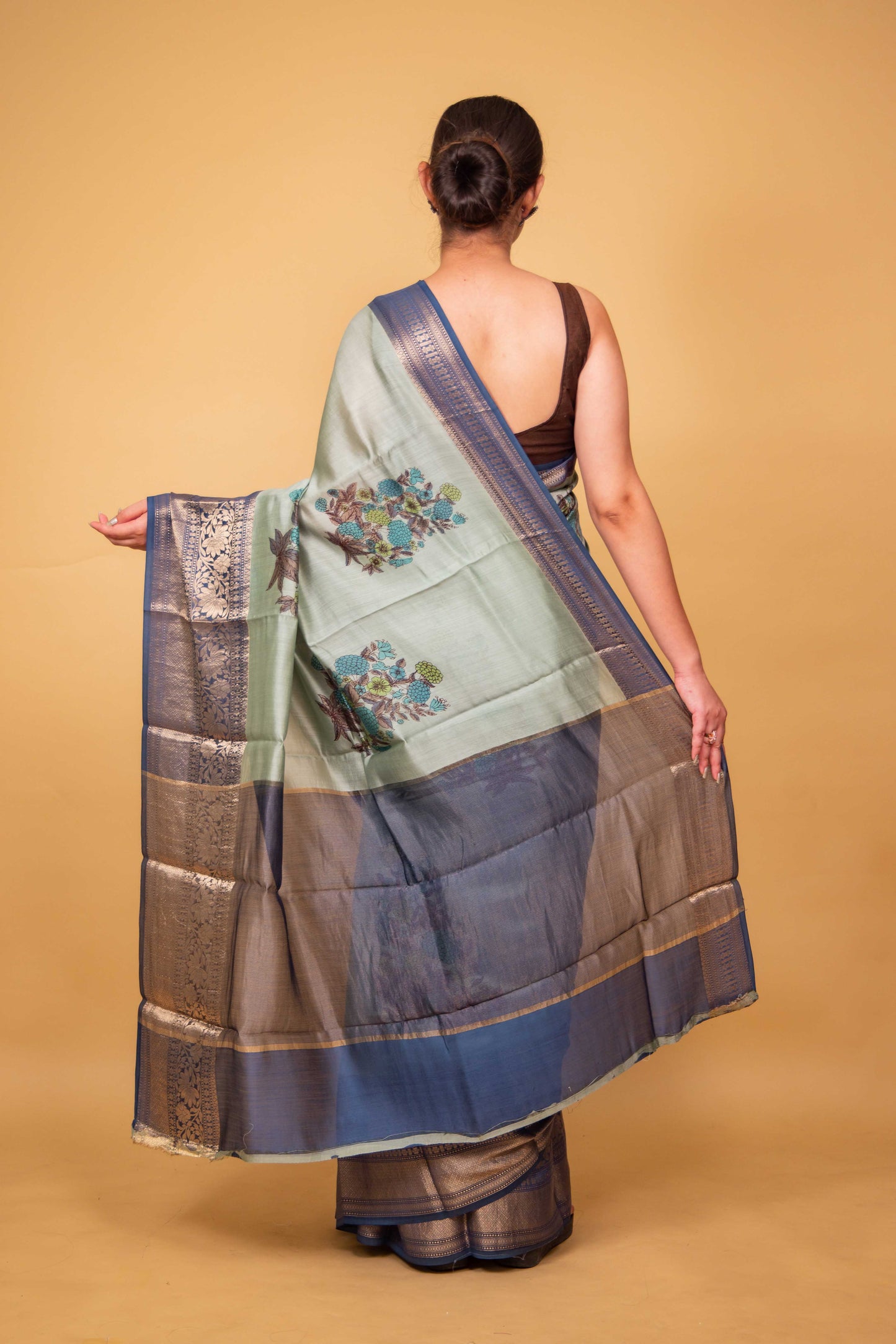 Sea Green Floral Handprint Chiniya Silk Saree