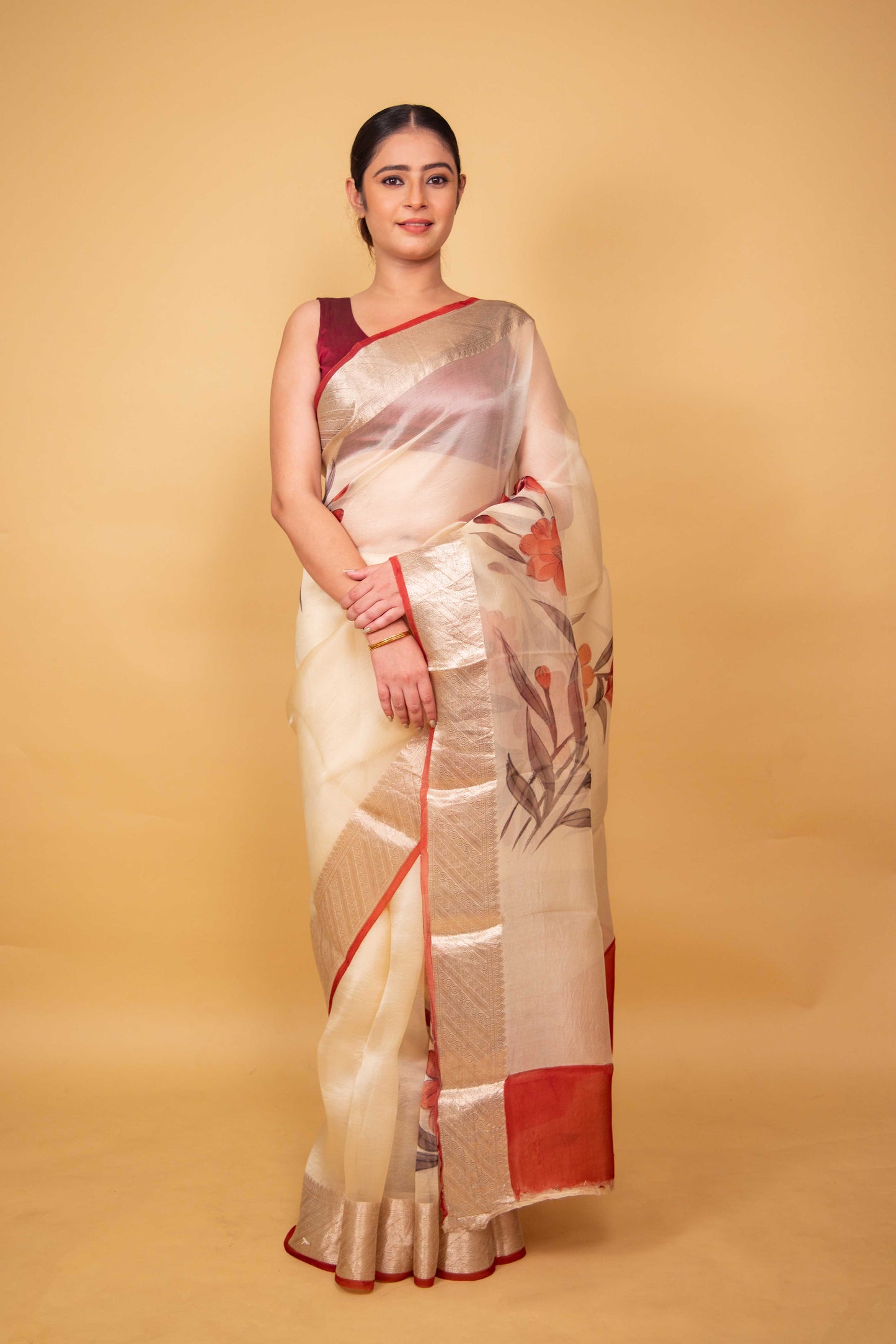Beige Floral Handprint Organza Silk Saree