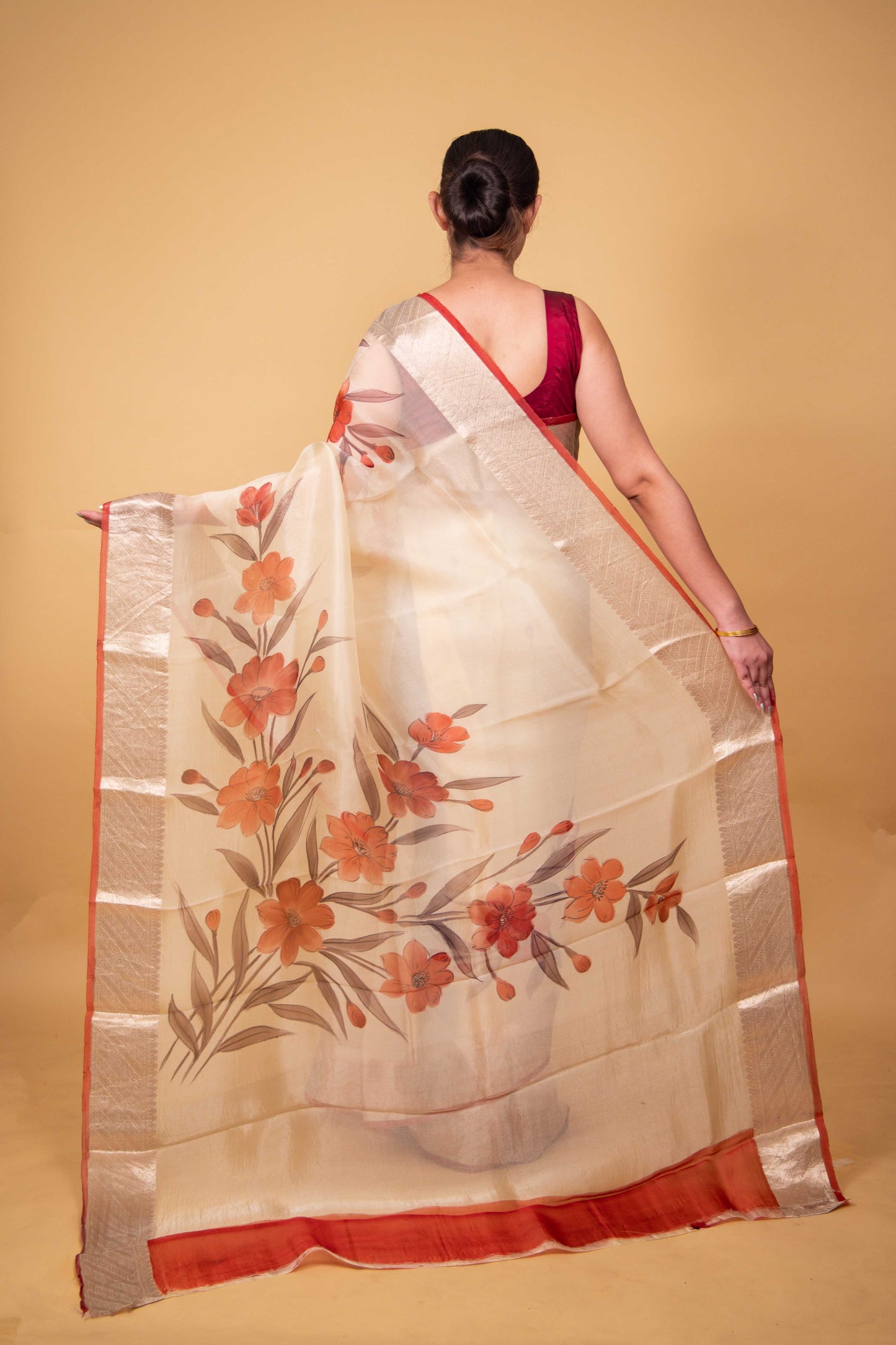 Beige Floral Handprint Organza Silk Saree