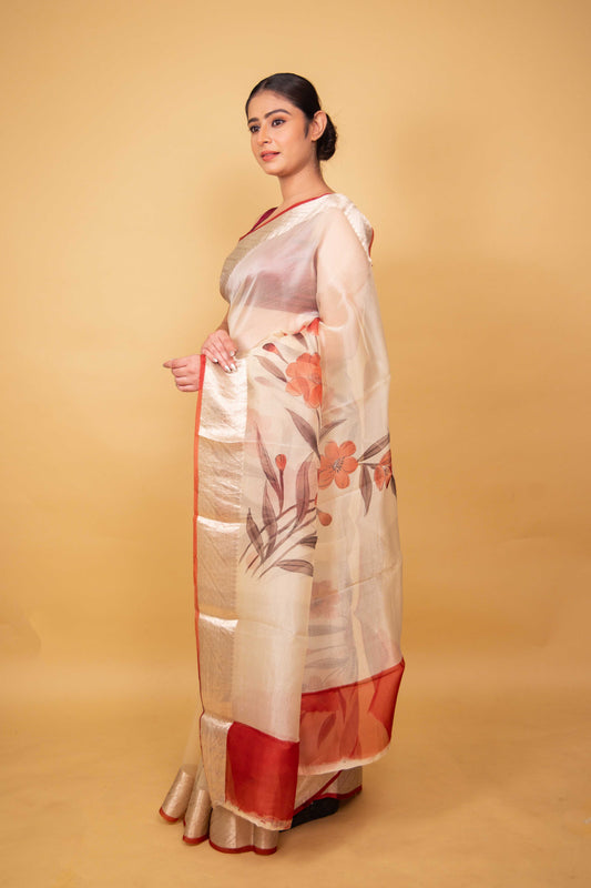 Beige Floral Handprint Organza Silk Saree