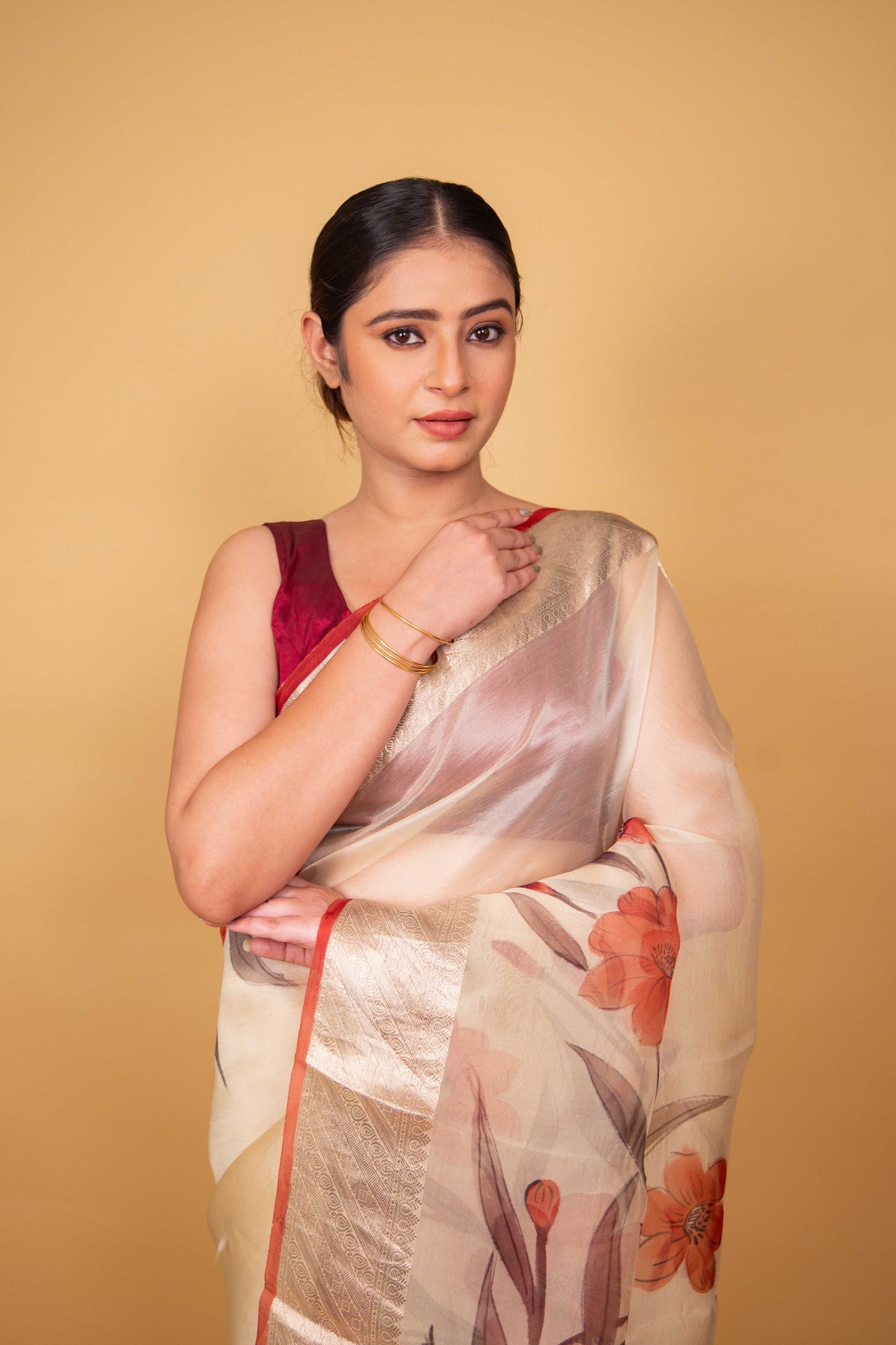Beige Floral Handprint Organza Silk Saree
