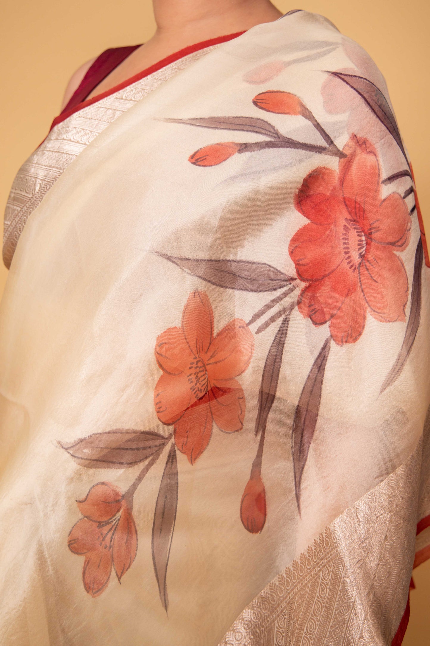Beige Floral Handprint Organza Silk Saree