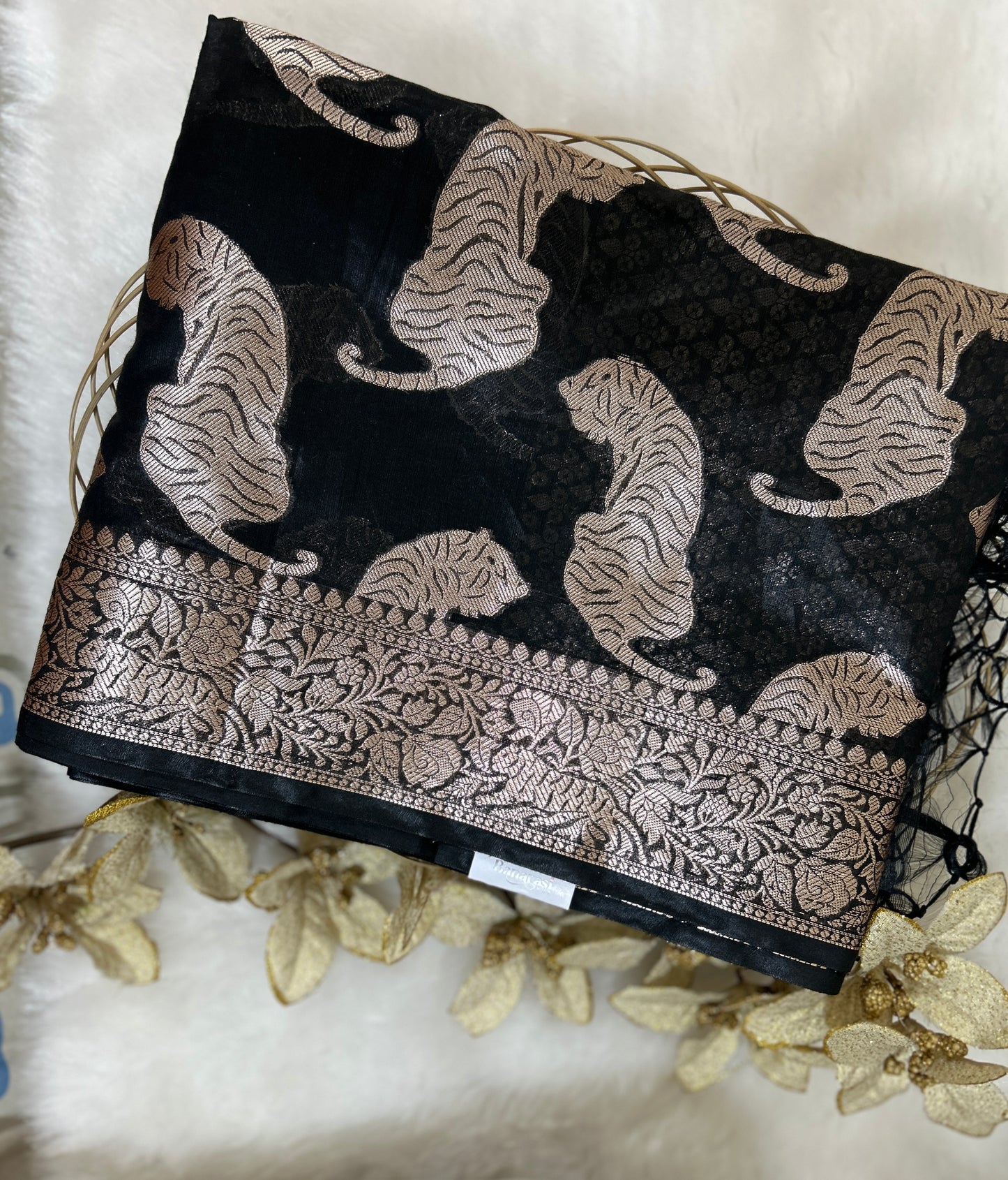 Black Chanderi Tiger Zari Woven Saree