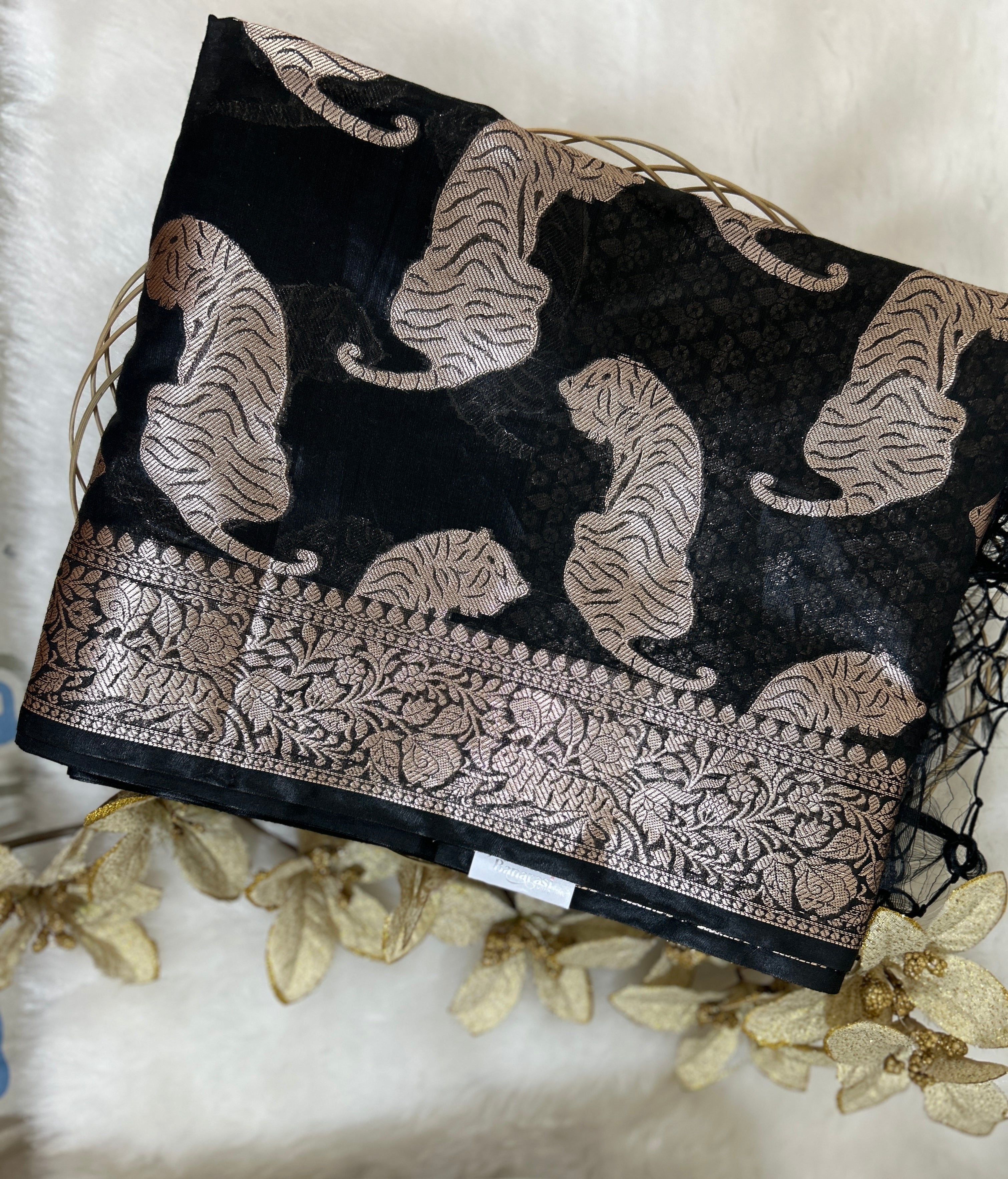 Black Chanderi Tiger Zari Woven Saree