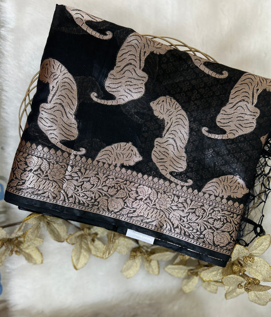 Black Chanderi Tiger Zari Woven Saree