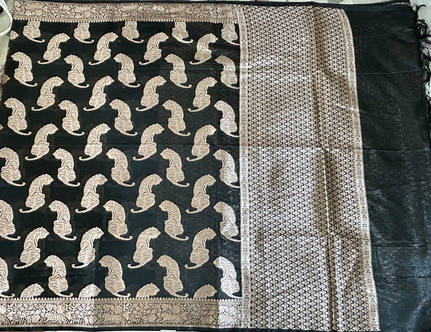 Black Chanderi Tiger Zari Woven Saree