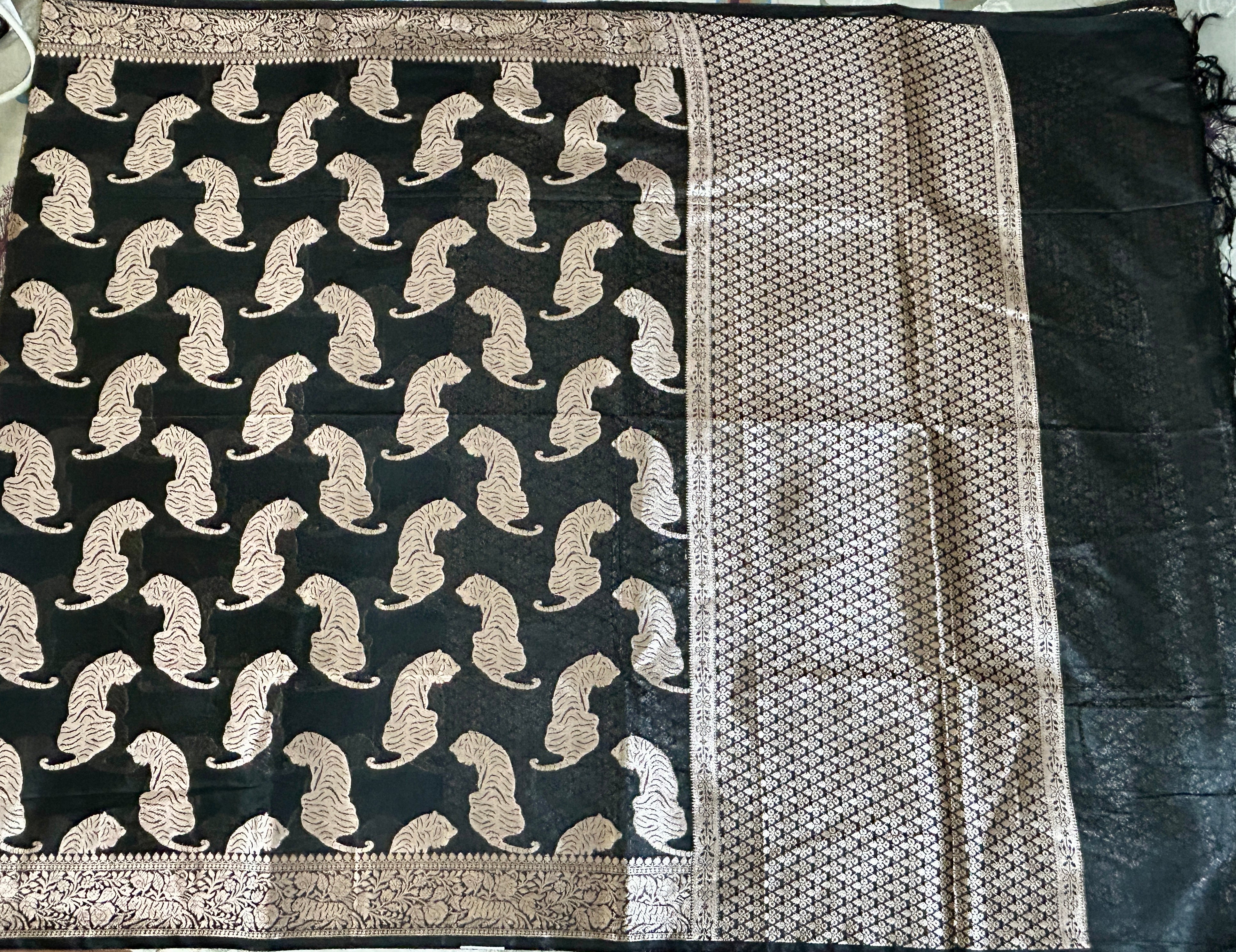Black Chanderi Tiger Zari Woven Saree