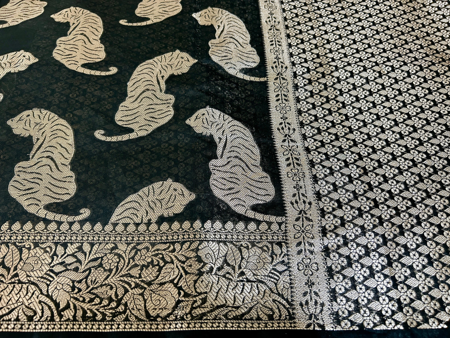 Black Chanderi Tiger Zari Woven Saree