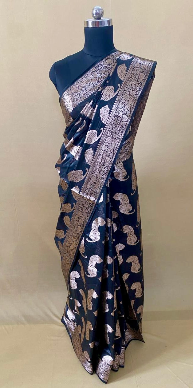 Black Chanderi Tiger Zari Woven Saree