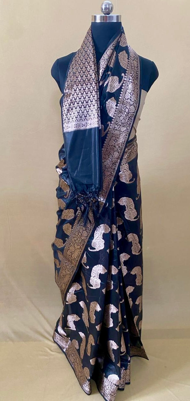Black Chanderi Tiger Zari Woven Saree