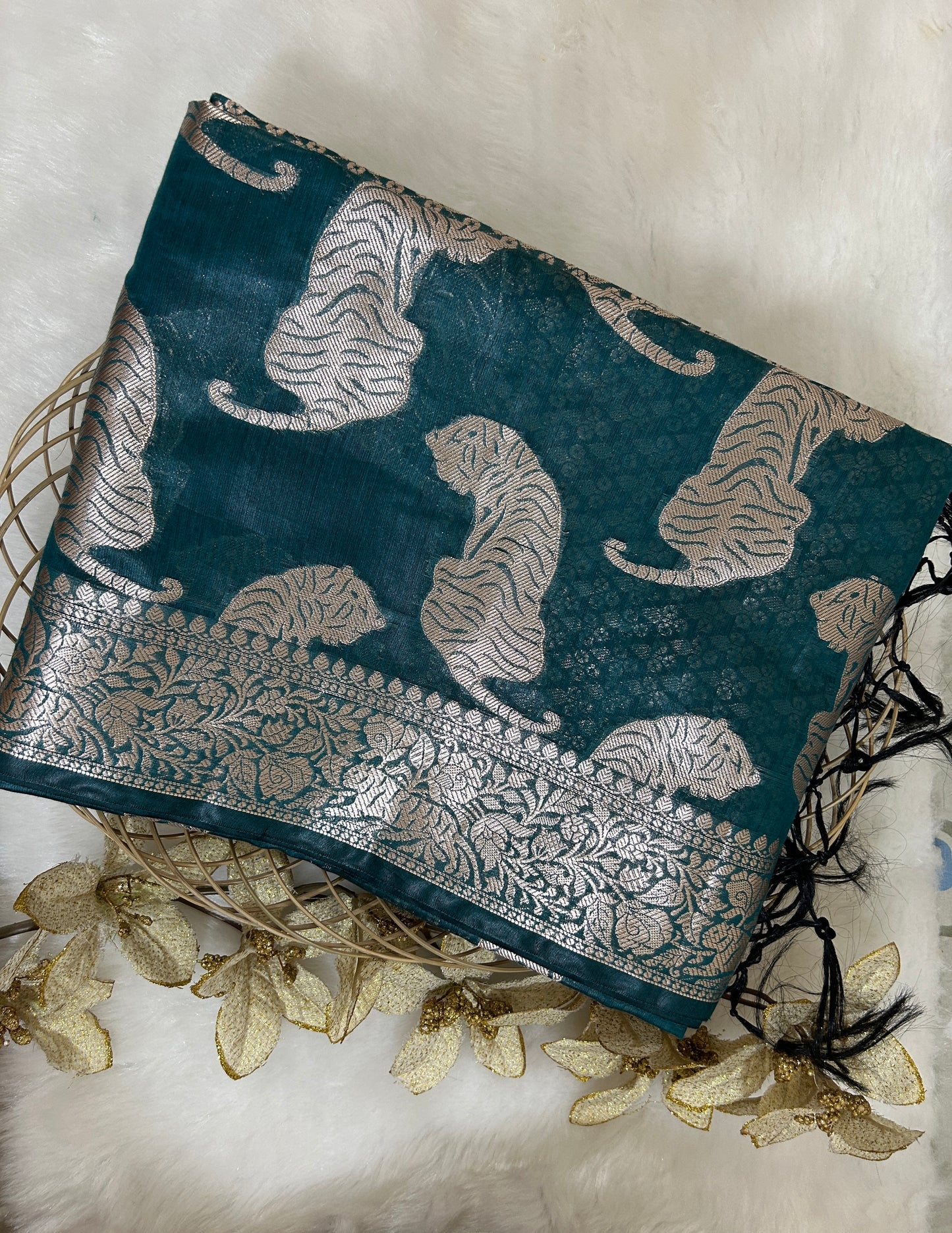 Greenish Blue Chanderi Tiger Zari Woven Saree