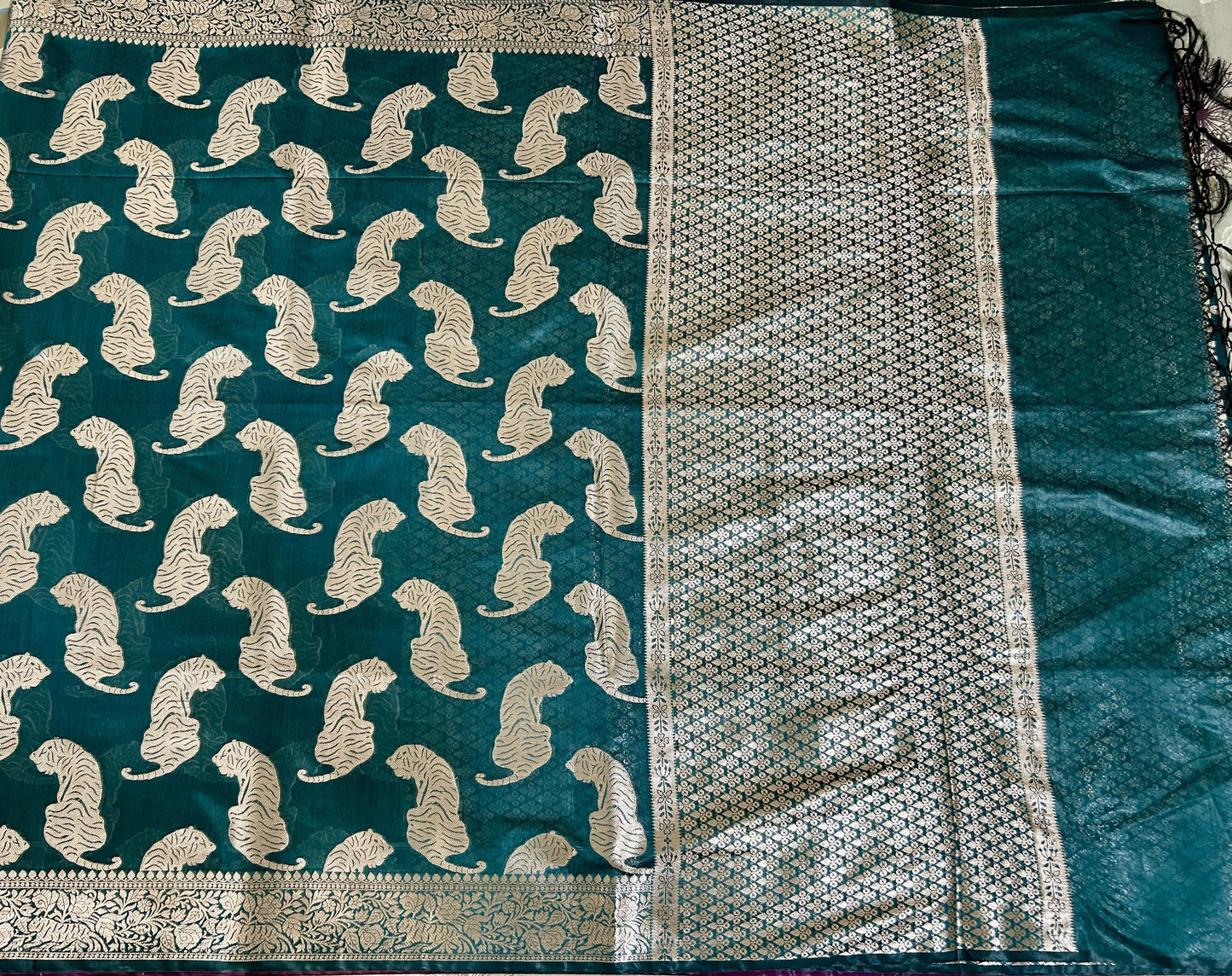 Greenish Blue Chanderi Tiger Zari Woven Saree