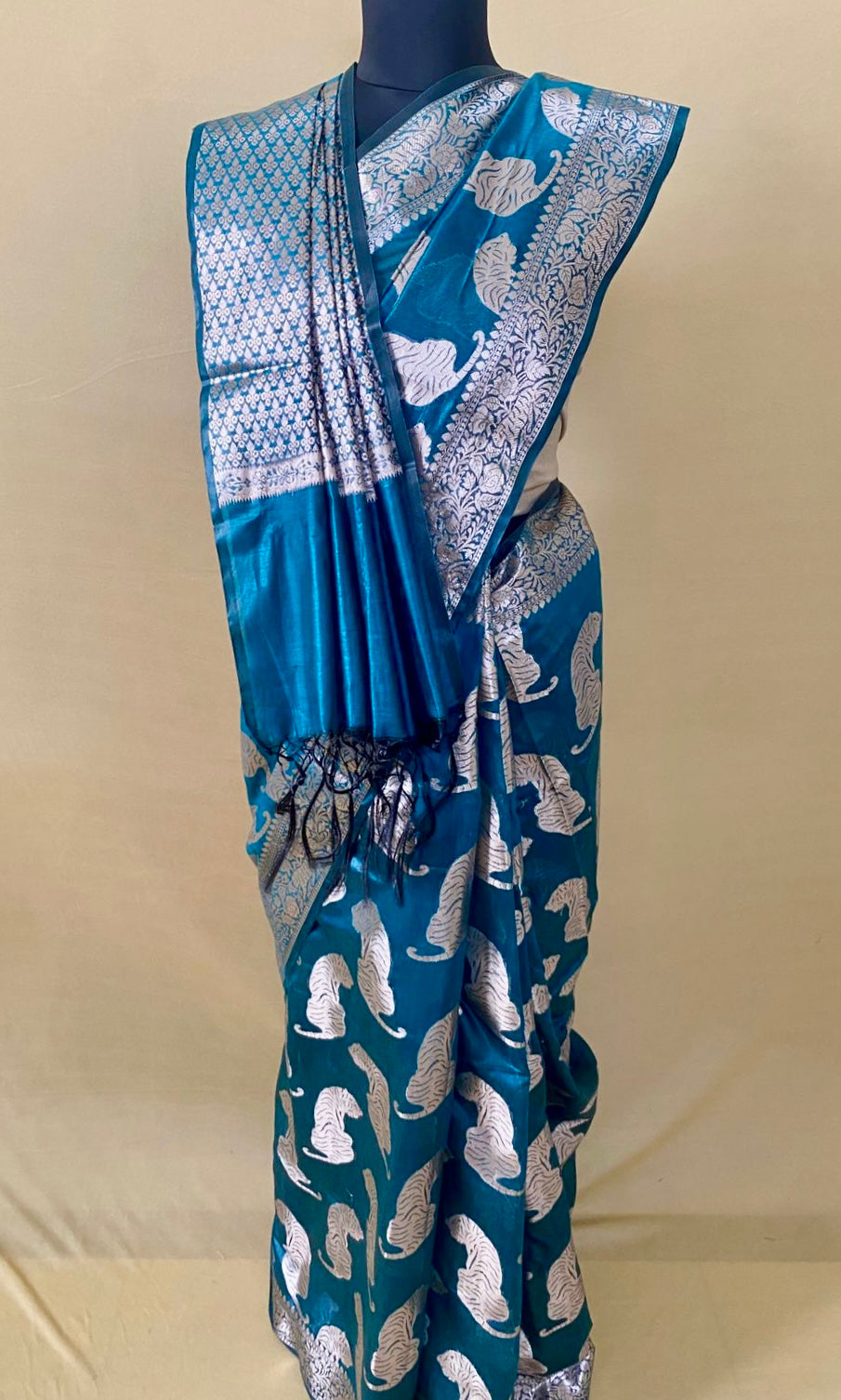 Greenish Blue Chanderi Tiger Zari Woven Saree