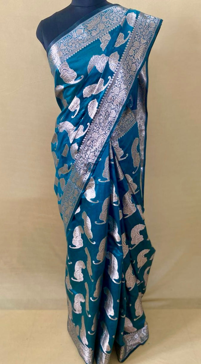 Greenish Blue Chanderi Tiger Zari Woven Saree