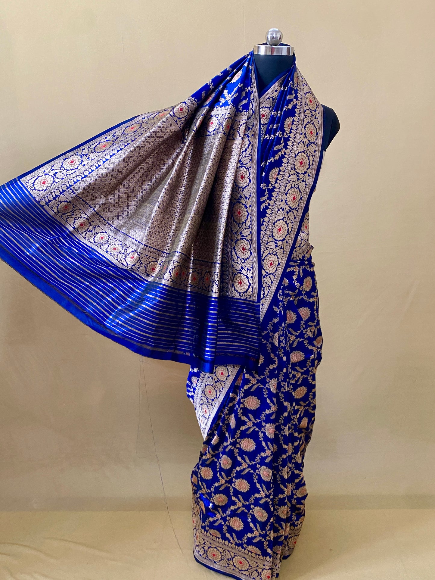 Royal Blue Floral Meena Katan Banarasi Silk Saree