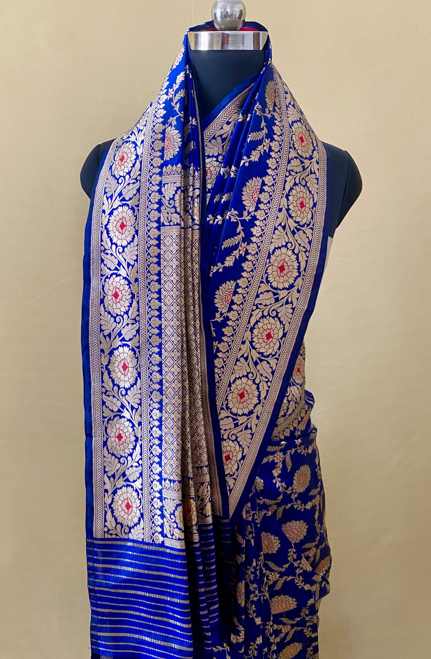 Royal Blue Floral Meena Katan Banarasi Silk Saree