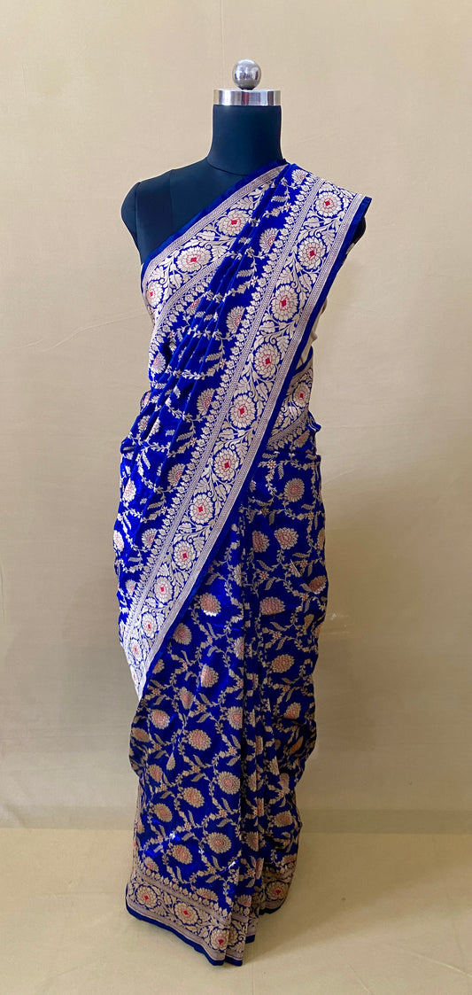 Royal Blue Floral Meena Katan Banarasi Silk Saree