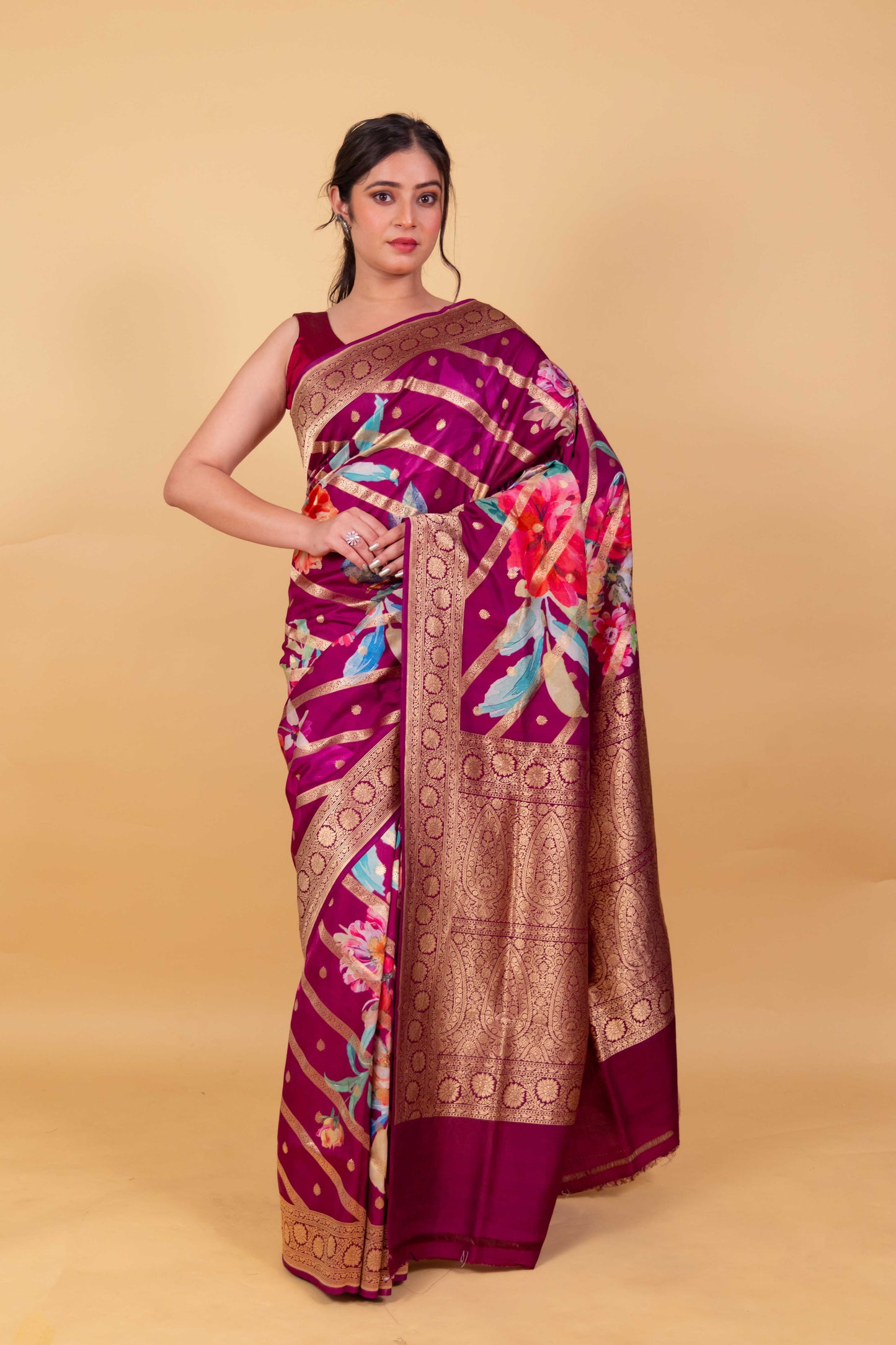 Premium Floral Magenta Katan Silk Saree
