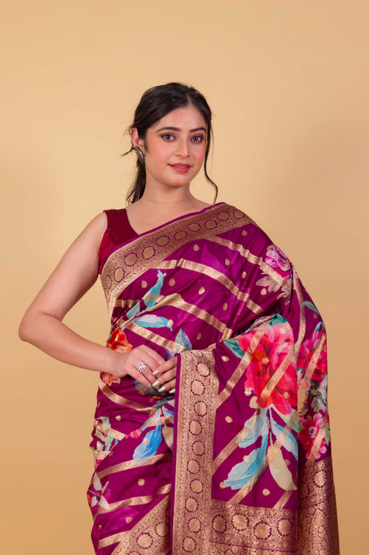 Premium Floral Magenta Katan Silk Saree