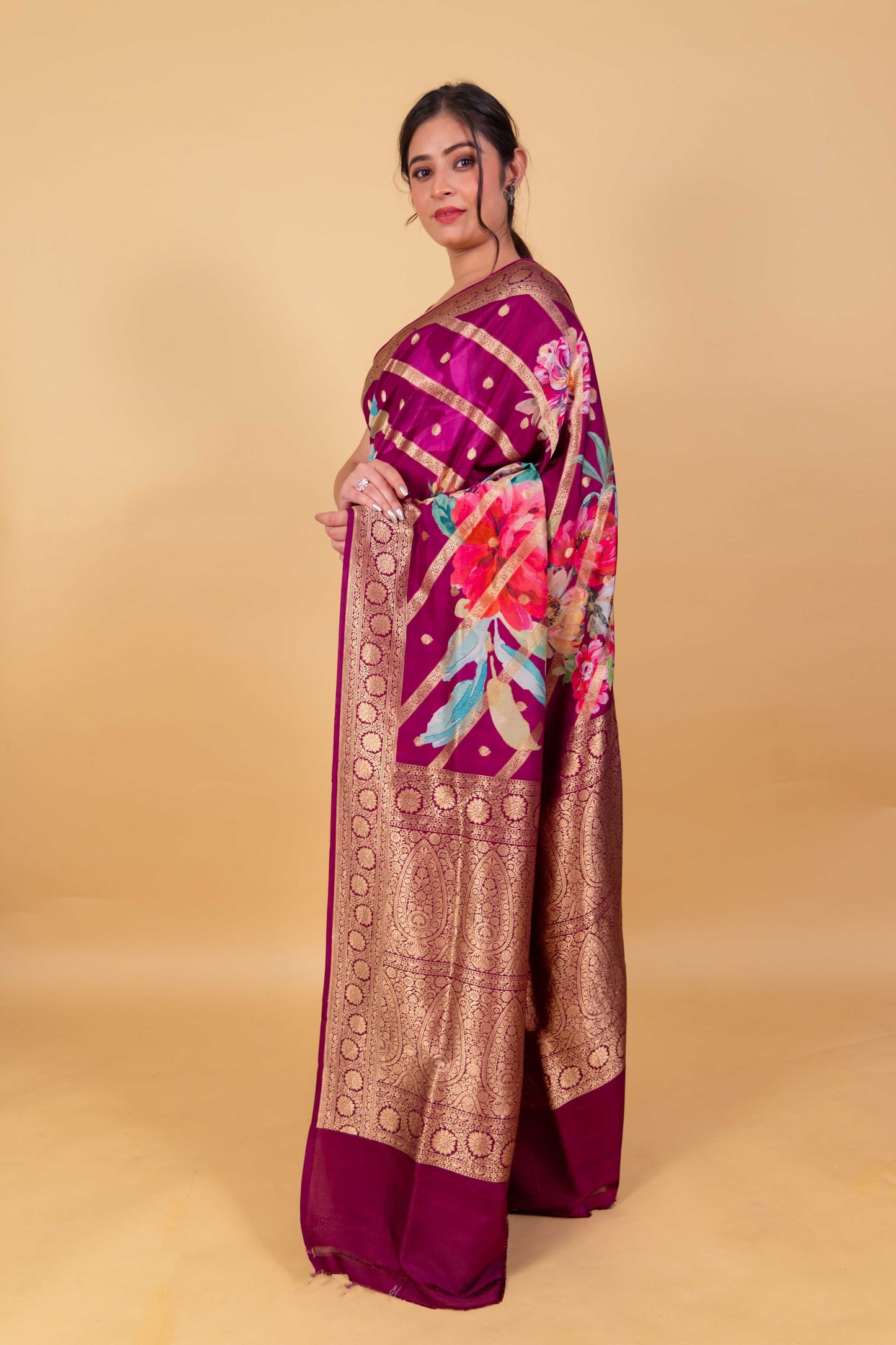 Premium Floral Magenta Katan Silk Saree