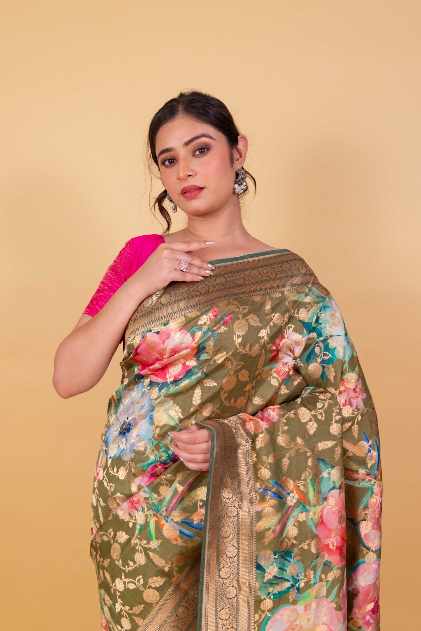 Premium Floral Pista Green Katan Silk Saree