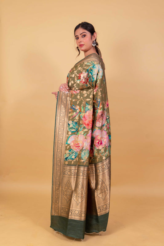 Premium Floral Pista Green Katan Silk Saree