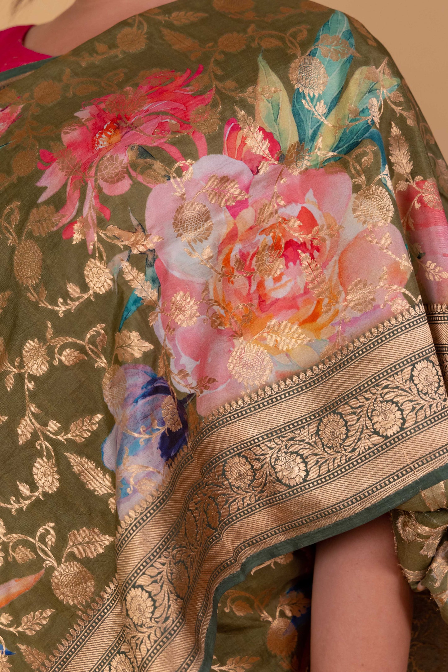 Premium Floral Pista Green Katan Silk Saree