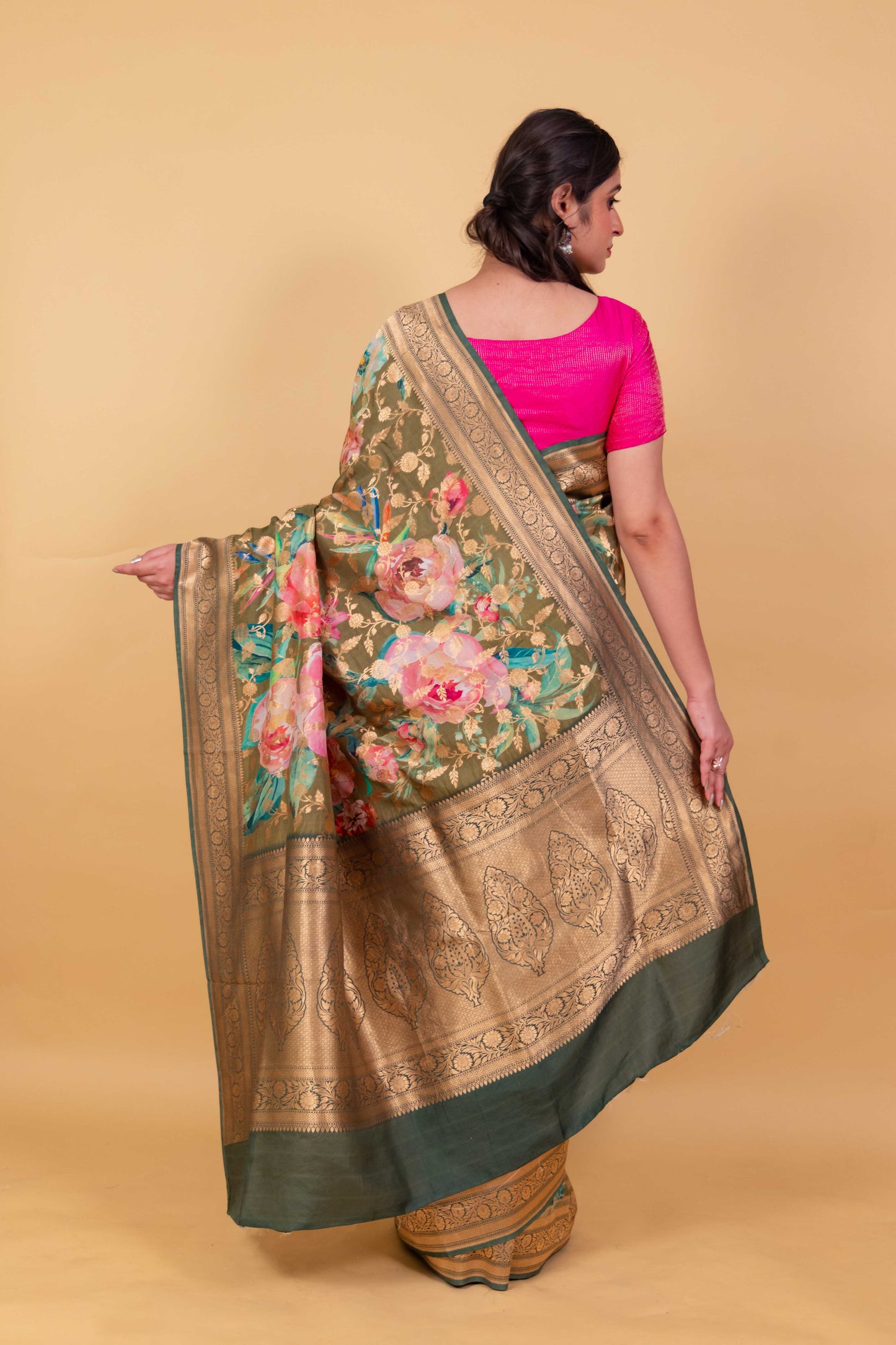 Premium Floral Pista Green Katan Silk Saree