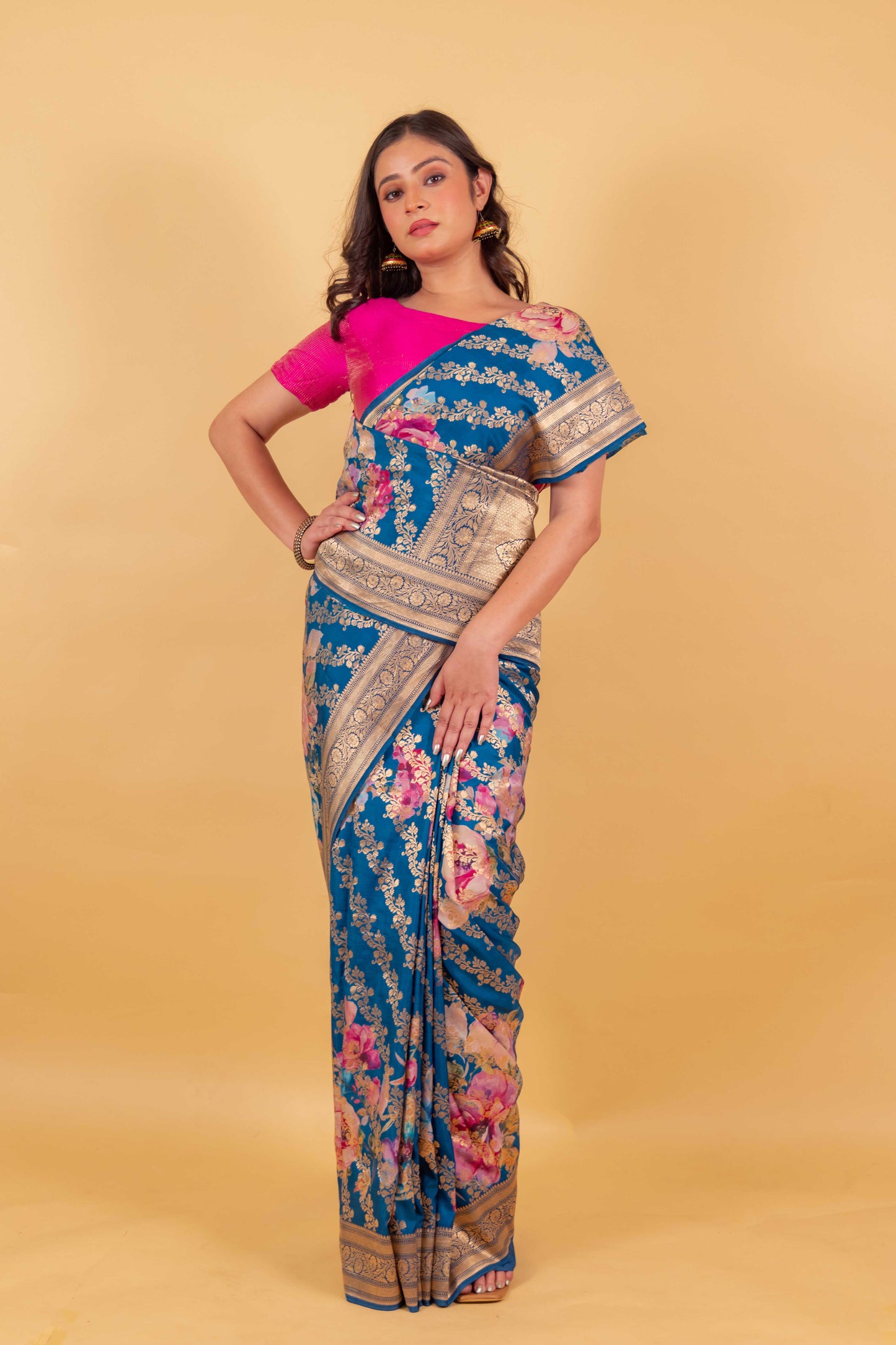 Premium Floral Blue Katan Silk Saree