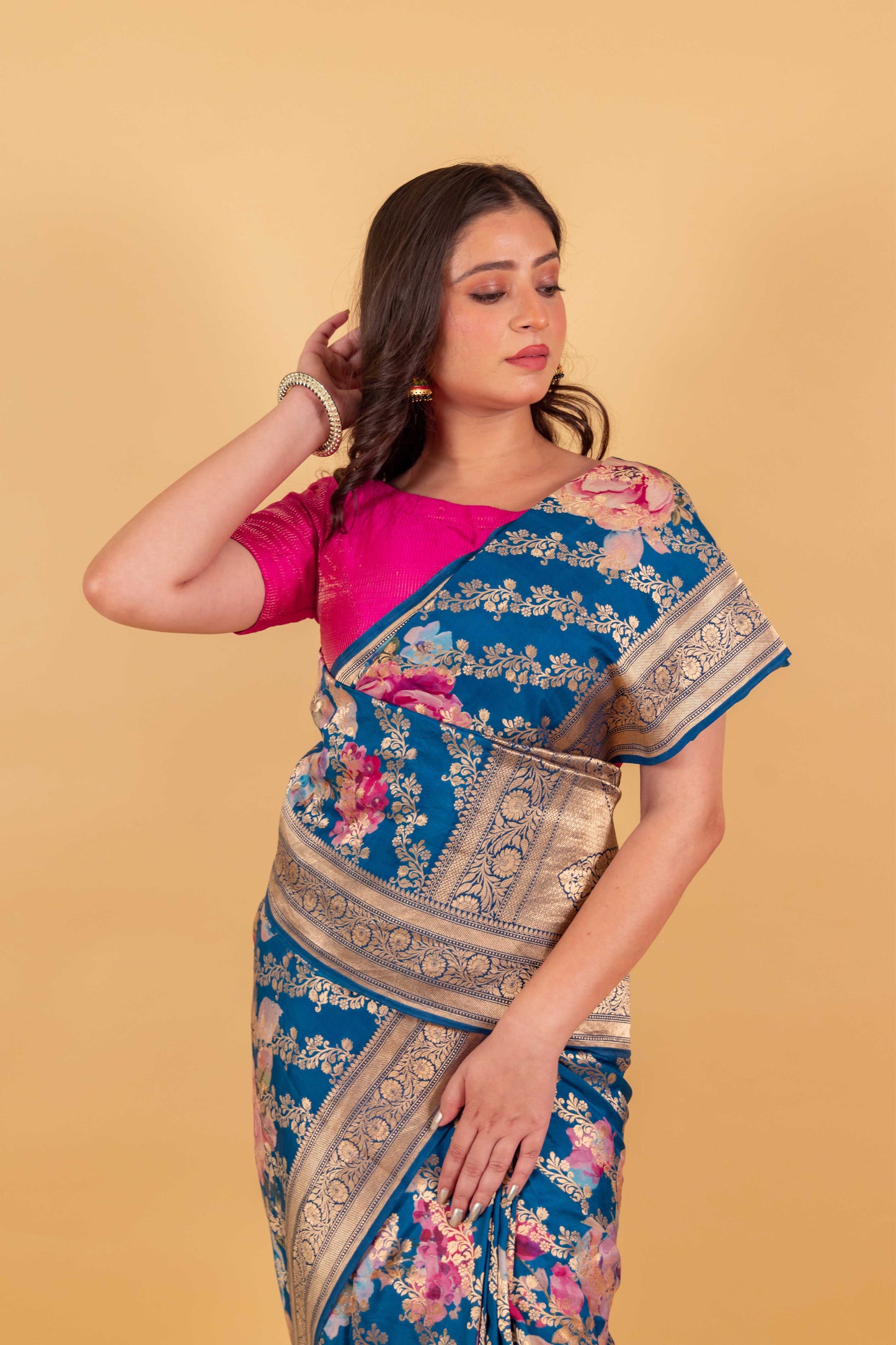 Premium Floral Blue Katan Silk Saree