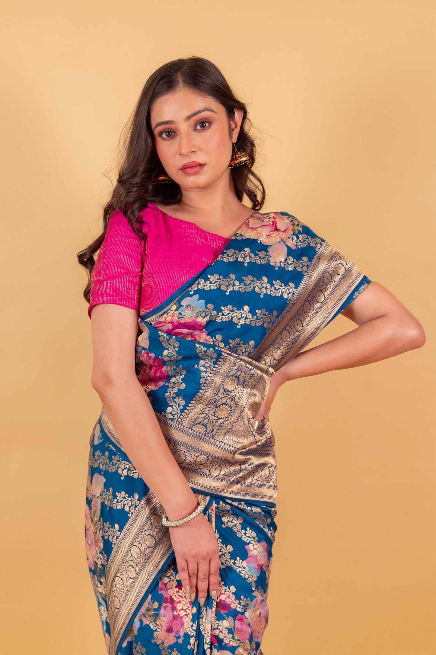 Premium Floral Blue Katan Silk Saree