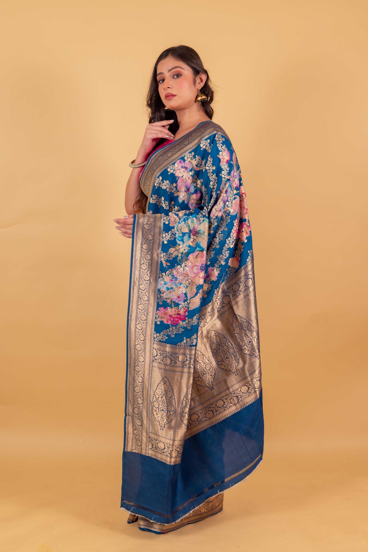 Premium Floral Blue Katan Silk Saree