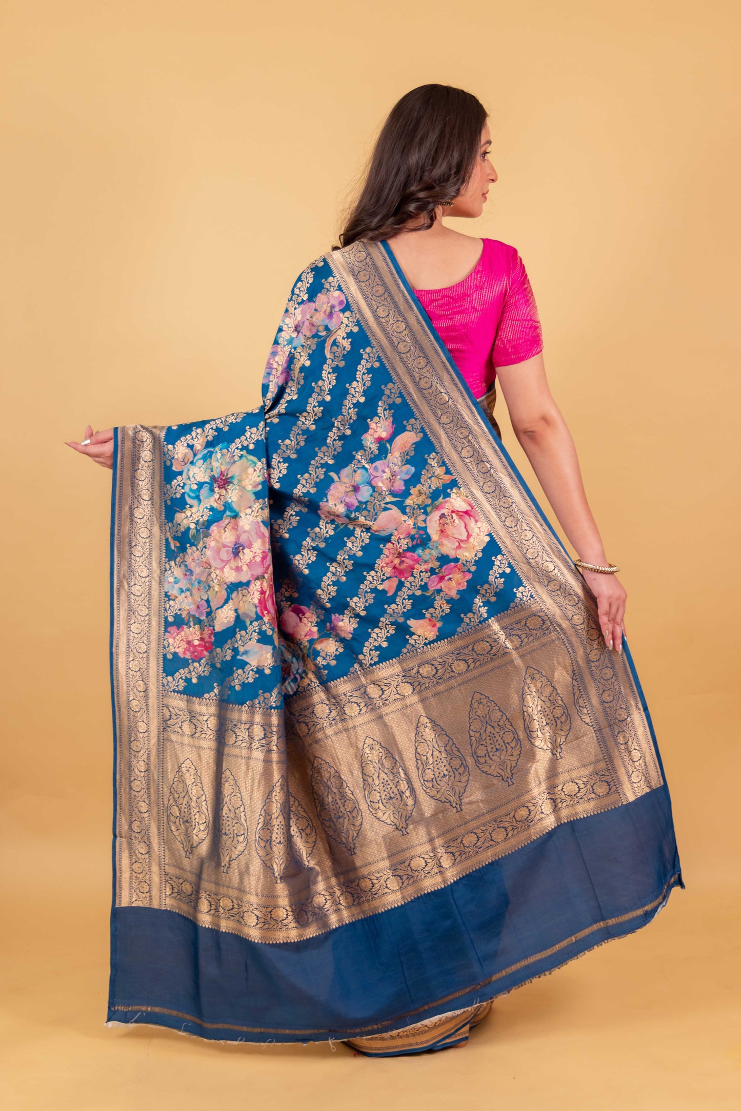 Premium Floral Blue Katan Silk Saree