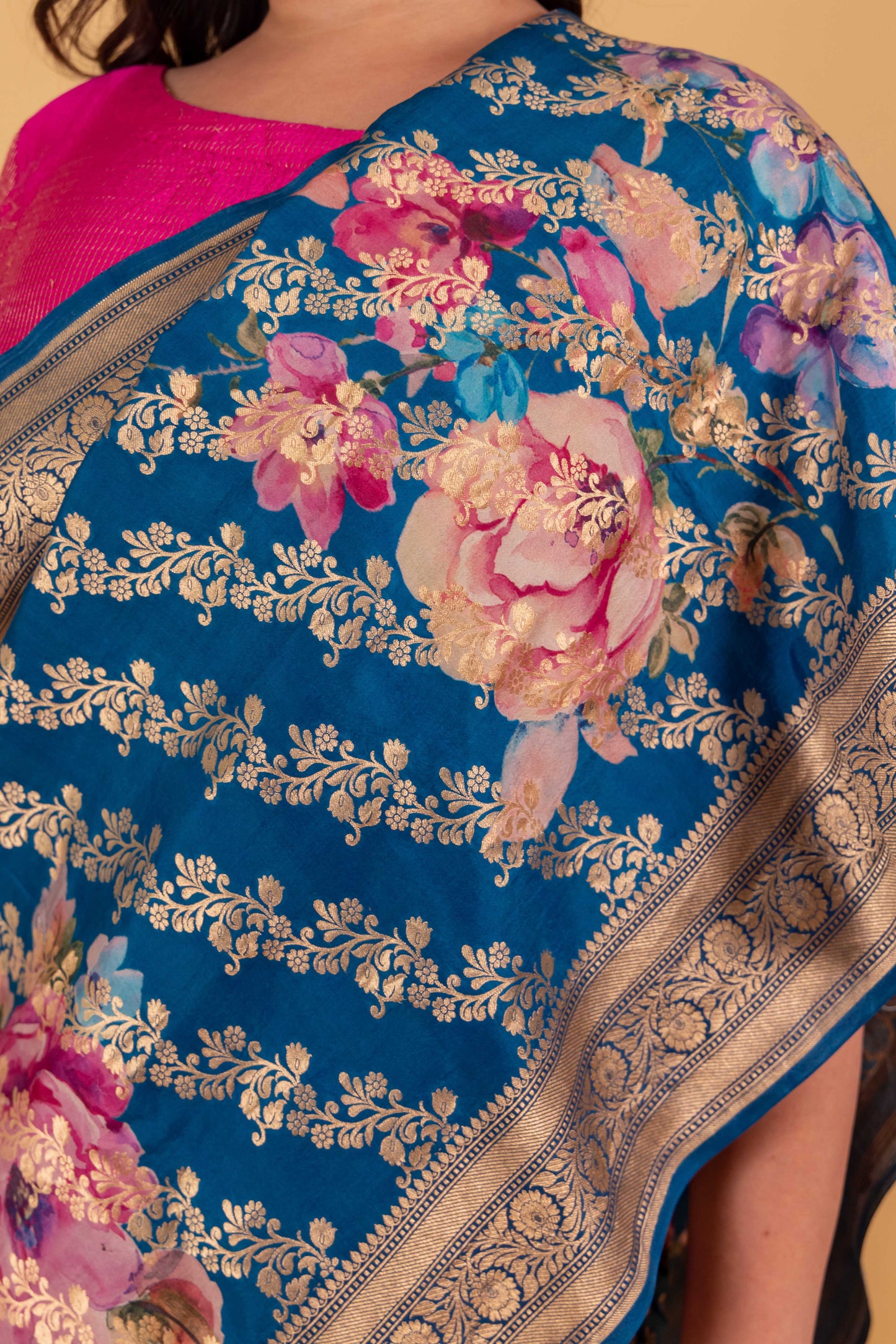 Premium Floral Blue Katan Silk Saree