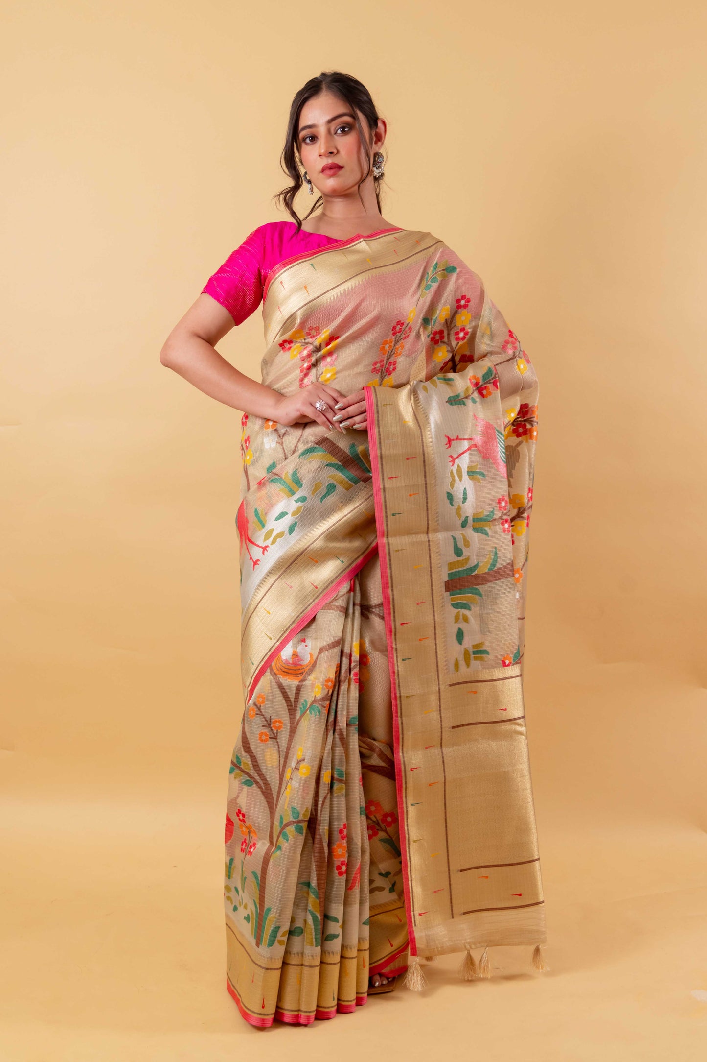 Beige Multi Resham Handwoven Floral Kota Tissue Saree