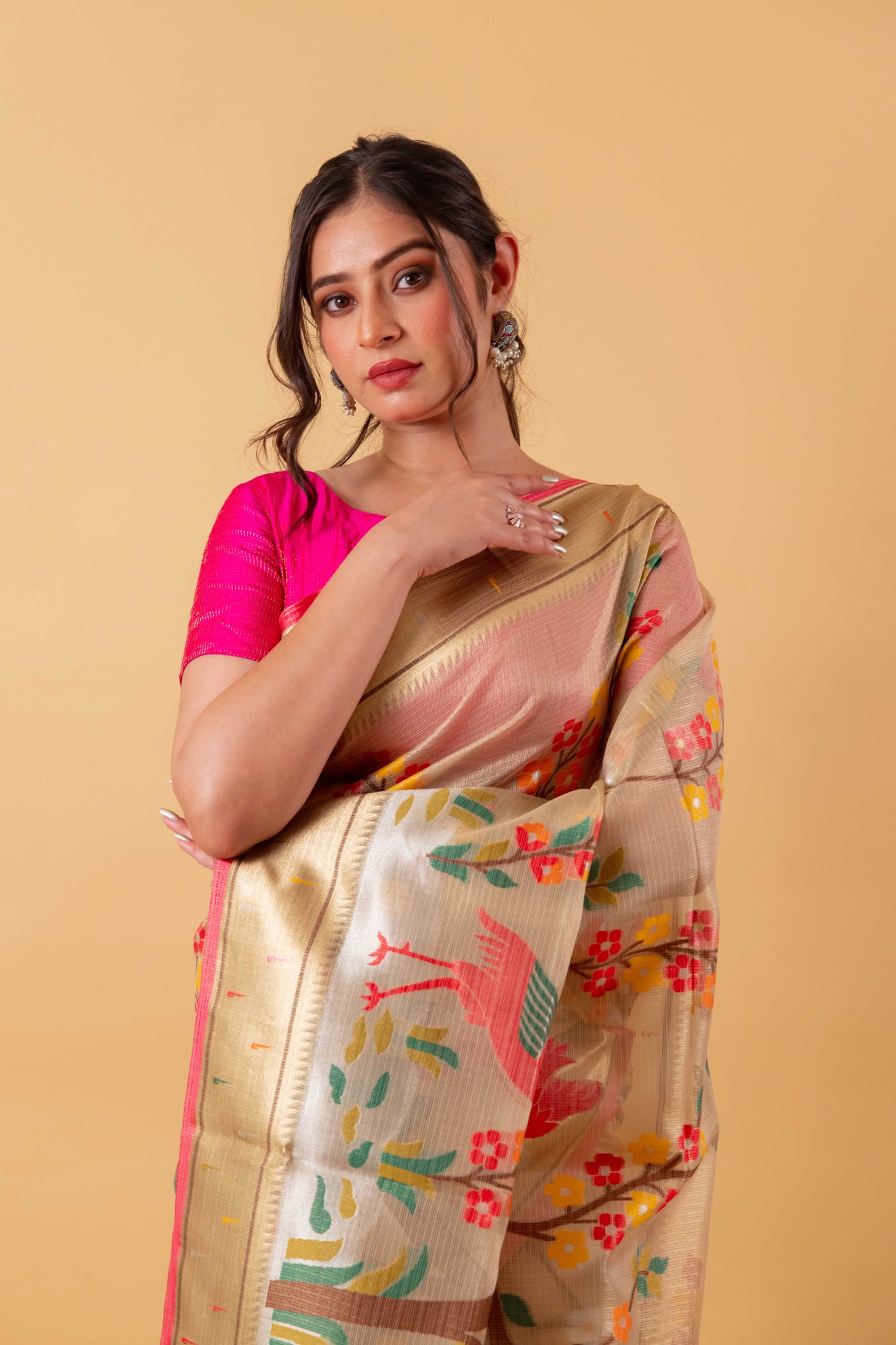 Beige Multi Resham Handwoven Floral Kota Tissue Saree