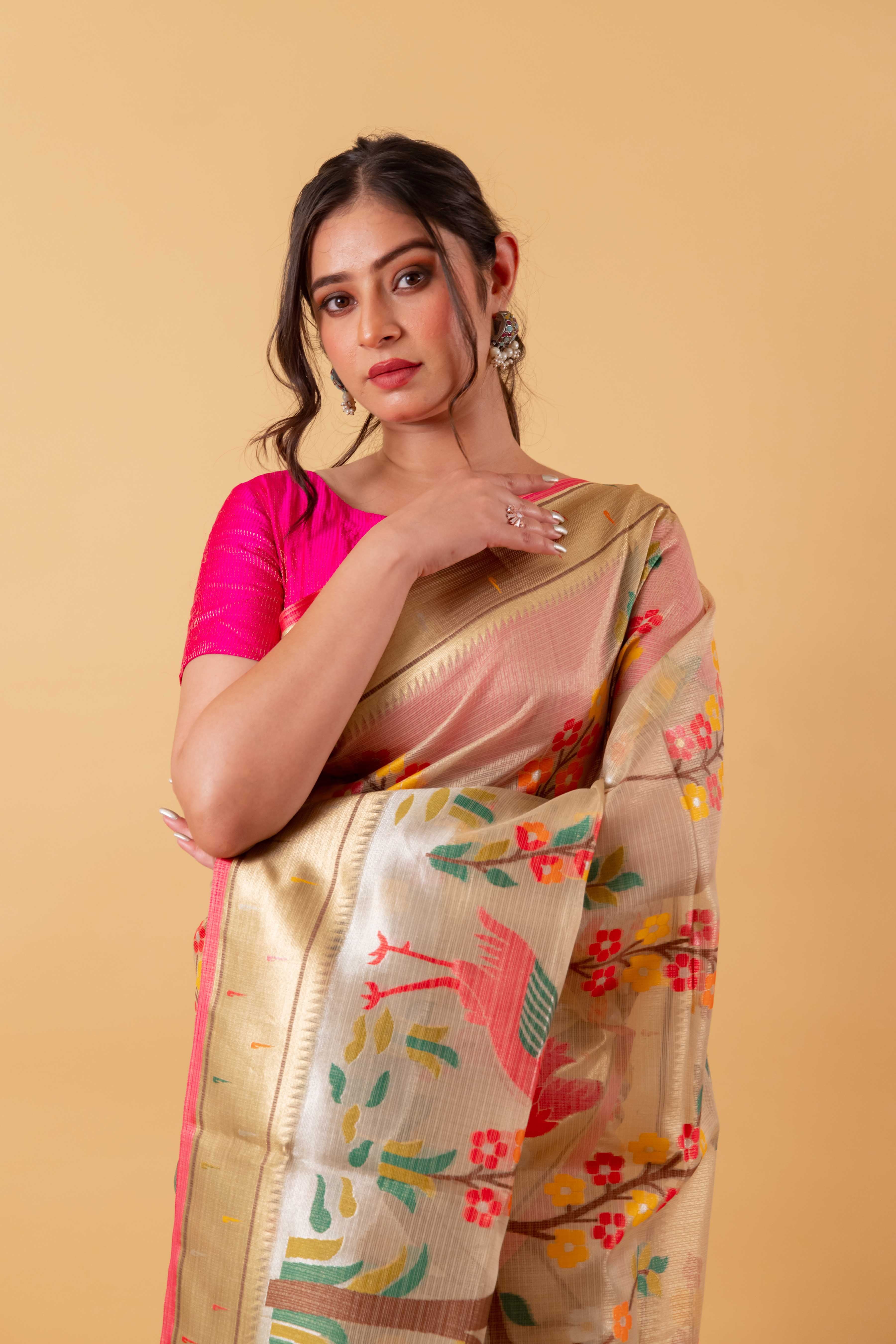 Beige Multi Resham Handwoven Floral Kota Tissue Saree