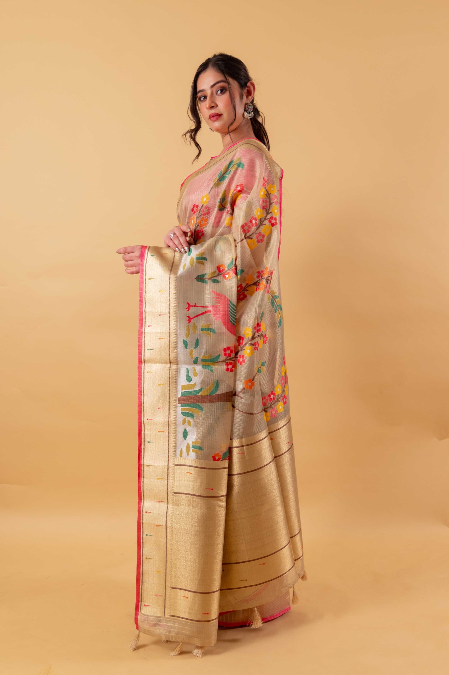 Beige Multi Resham Handwoven Floral Kota Tissue Saree