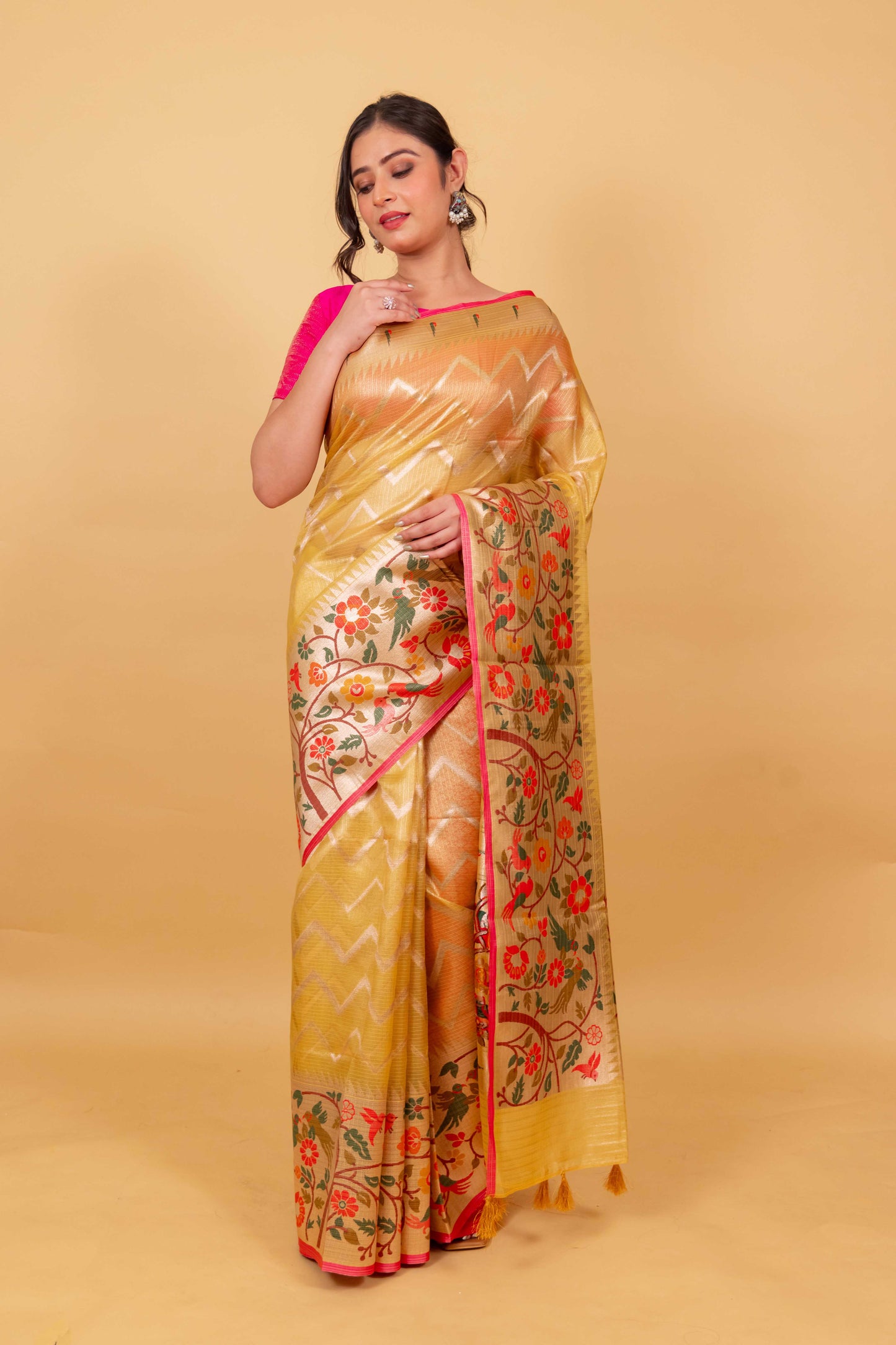 Mustard Paithani Handwoven Kota Tissue Saree