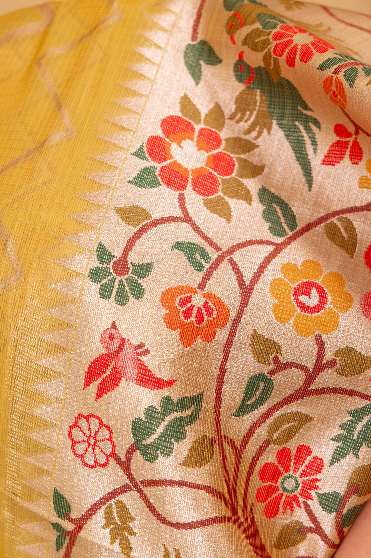 Mustard Paithani Handwoven Kota Tissue Saree