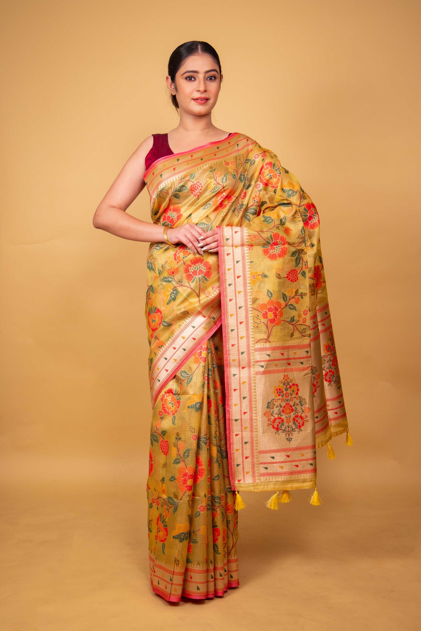 Mustard Floral Handwoven Kota Tissue Saree
