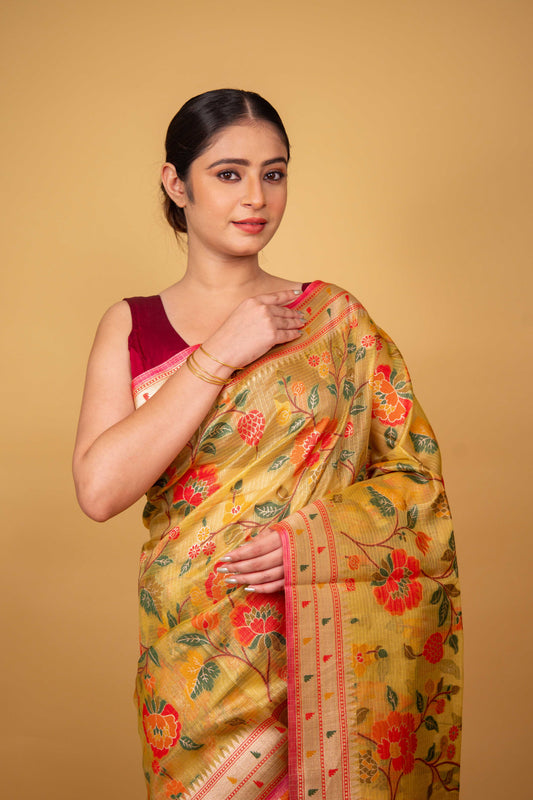 Mustard Floral Handwoven Kota Tissue Saree