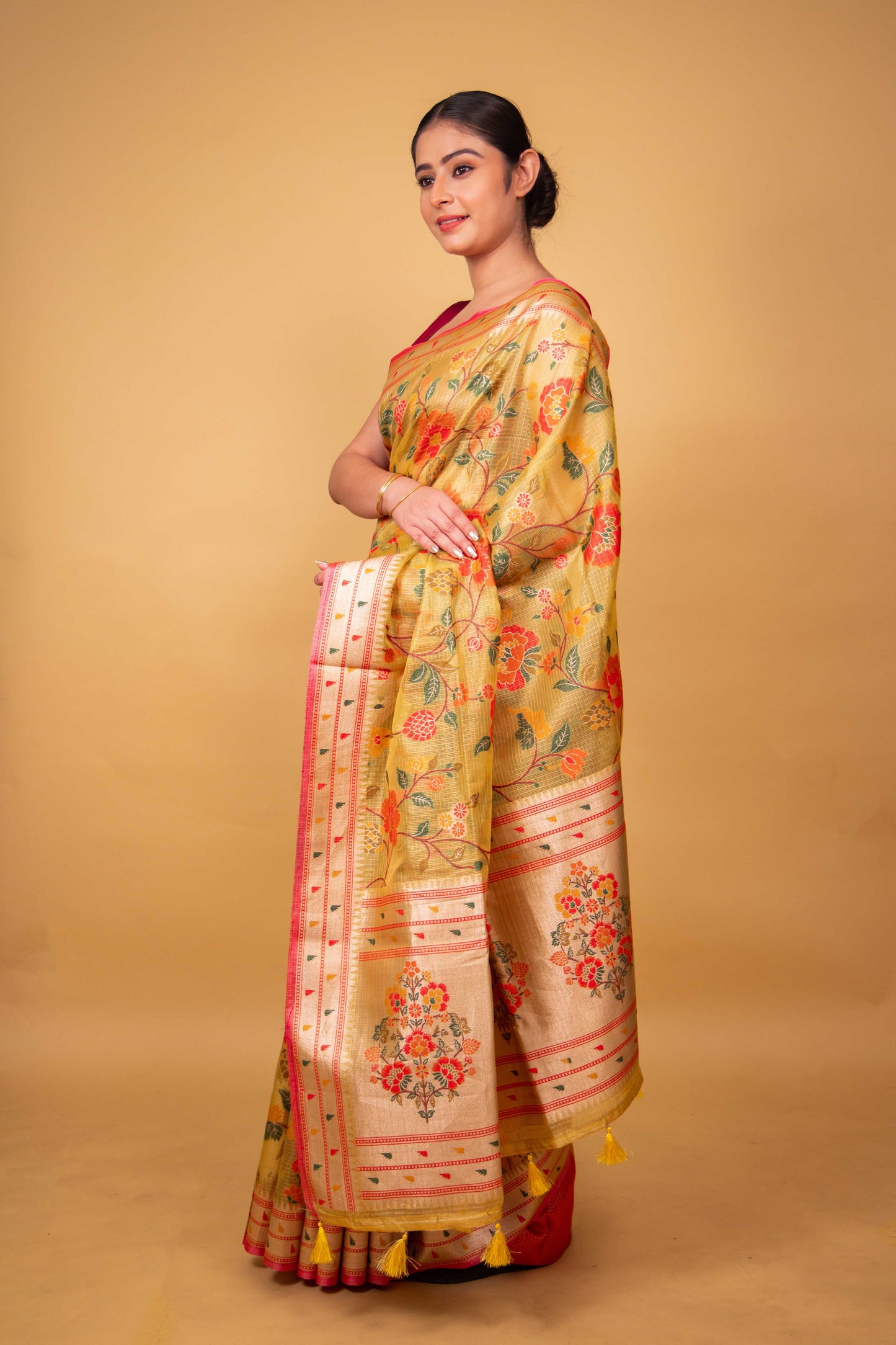 Mustard Floral Handwoven Kota Tissue Saree