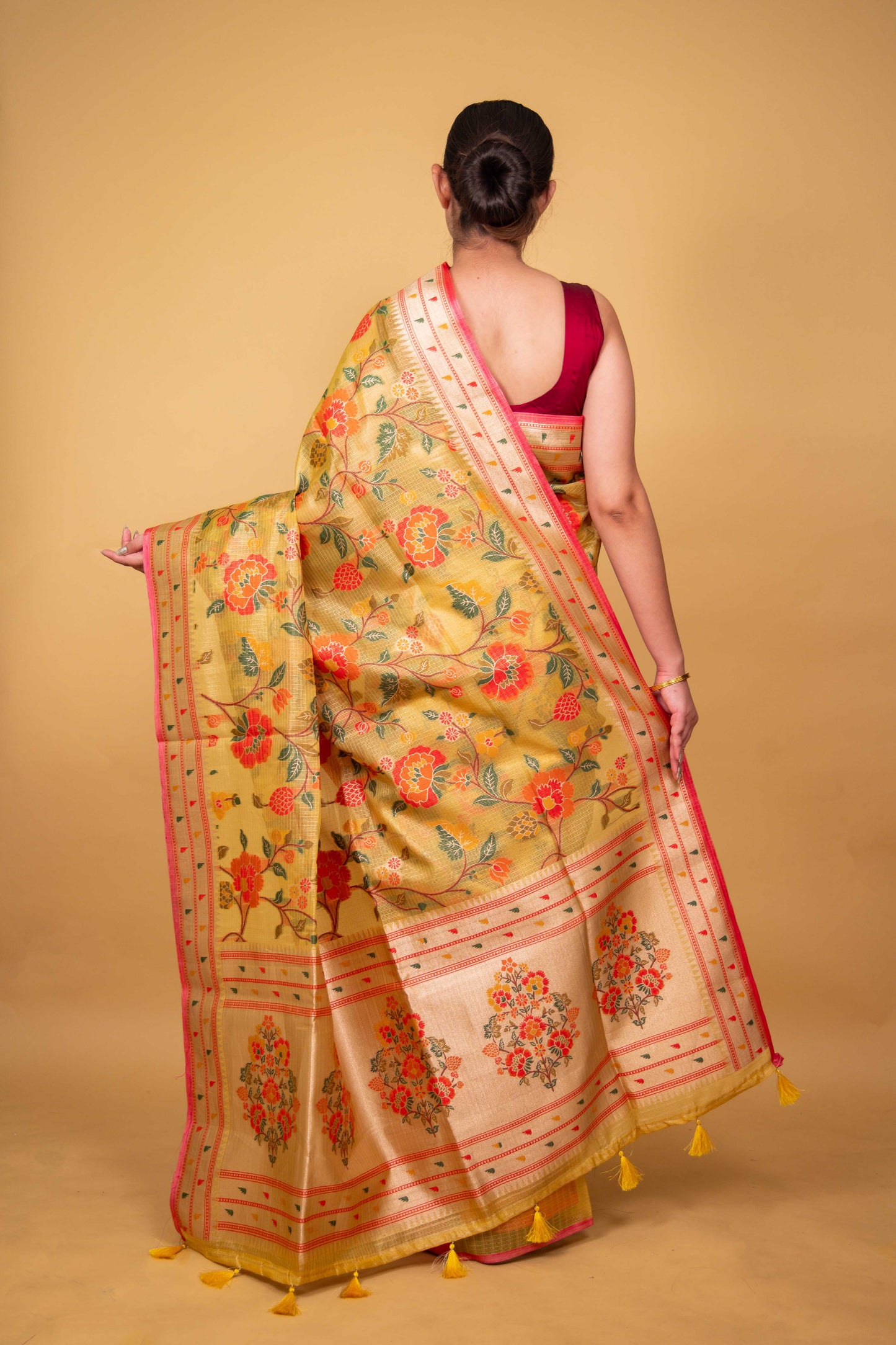 Mustard Floral Handwoven Kota Tissue Saree